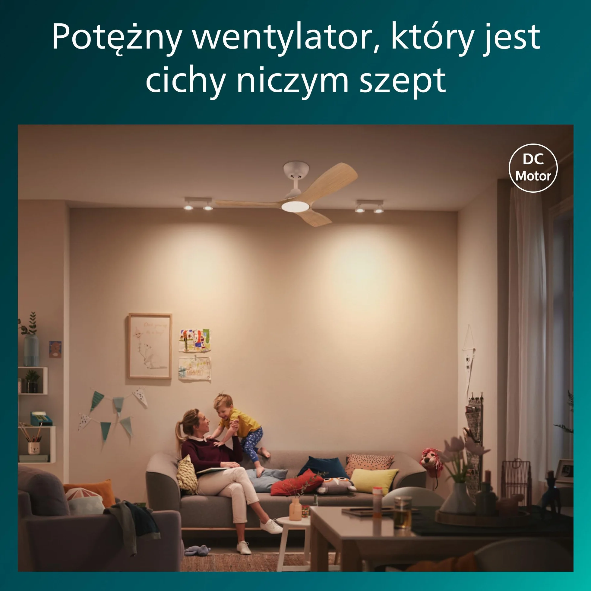 Wentylator sufitowy Philips Olas z 3 łopatkami, światłem LED 24W, silnikiem DC i funkcją regulacji temperatury barwowej (3000K-4300K-6500K) z możliwością przyciemniania, 42", czarny W zestawie pilot.