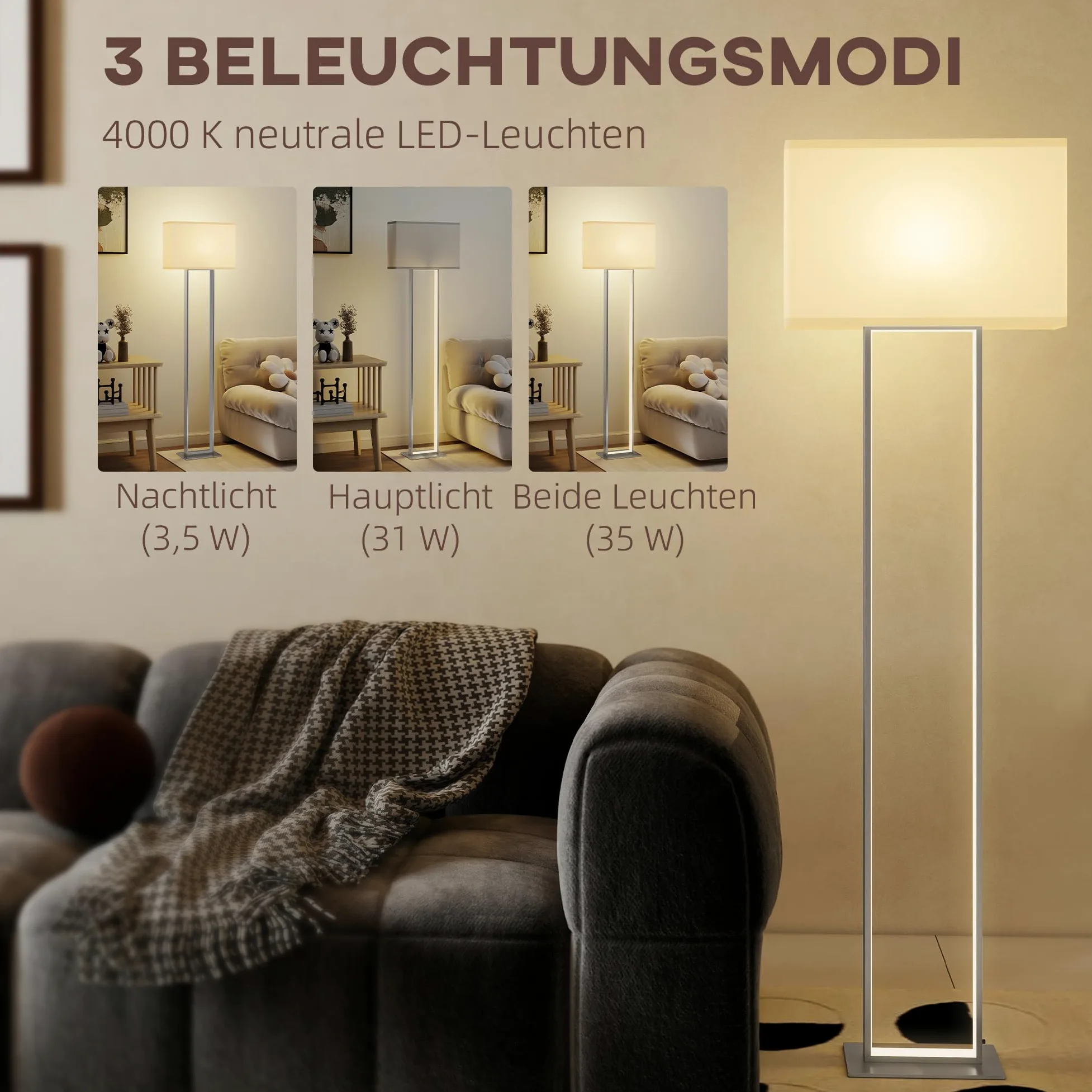 HOMCOM LED Floor Lamp, 150 cm Dimmable Standing Lamp with Linen Shade and Foot Switch, Modern Minimalist Tall Night Light with Metal Base for Living Room, Bedroom, Office, White
