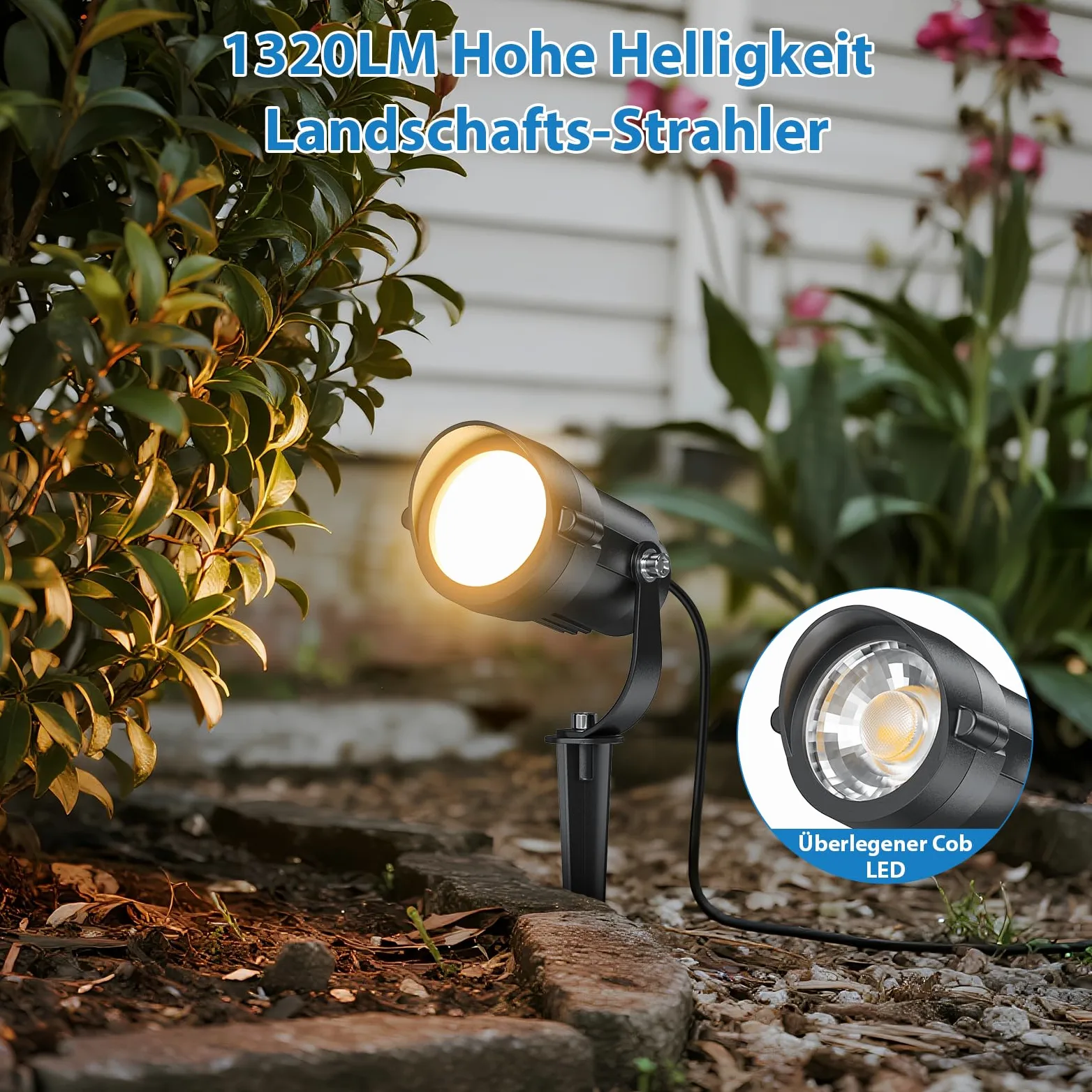 HIBOITEC Oświetlenie ogrodowe 12 W z wtyczką kablową 1,5 m, 2700 K ciepła biel, reflektor ogrodowy z prądem, wodoodporne oświetlenie zewnętrzne LED, do ogrodu, 1320 lm, reflektor ogrodowy do użytku na