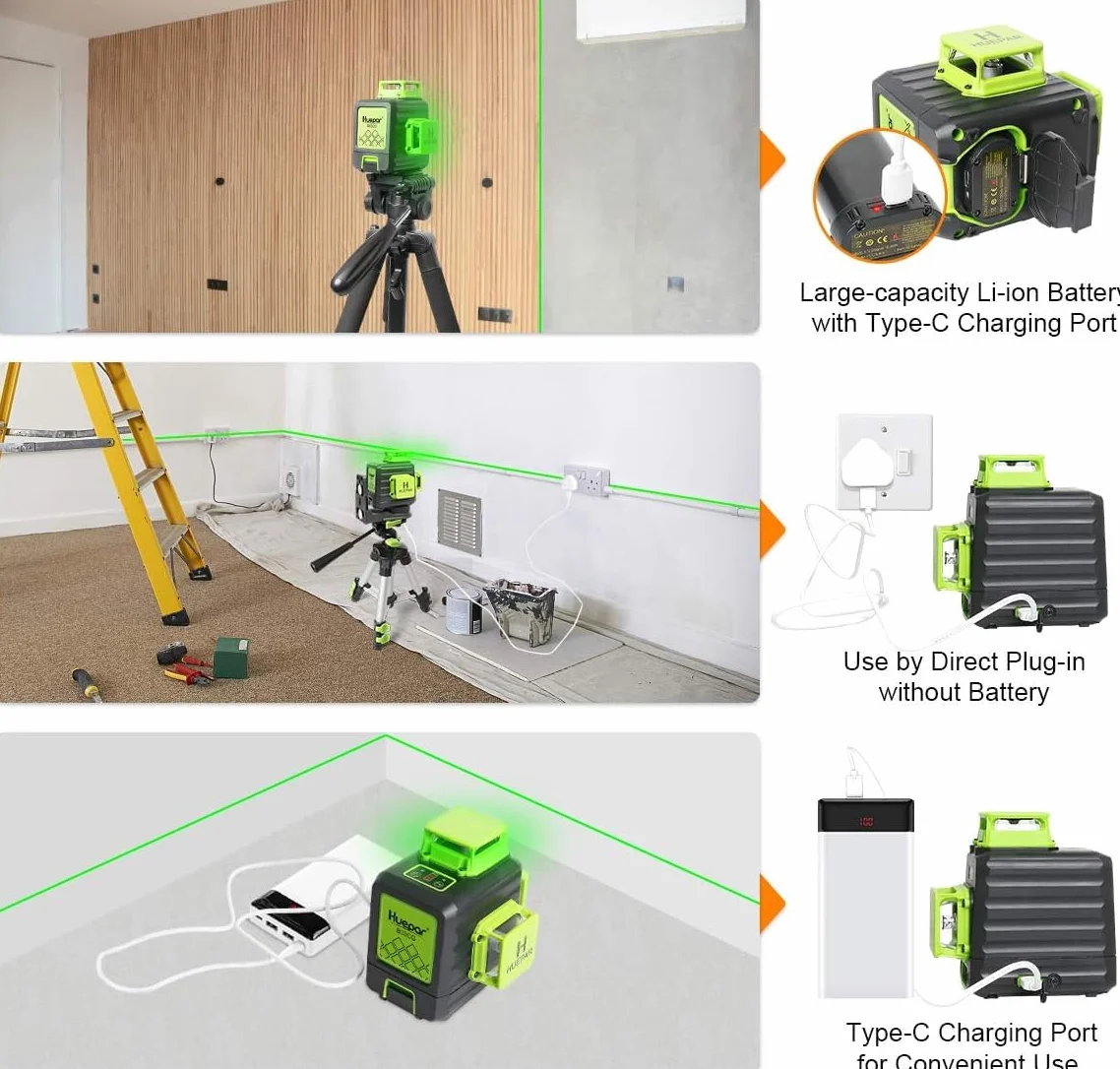 Poziomica laserowa zielona, ​​Huepar 3x360 z akumulatorem litowo-jonowym, samopoziomująca poziomica laserowa, z portem ładowania typu C i twardą walizką w zestawie - B03CG Pro