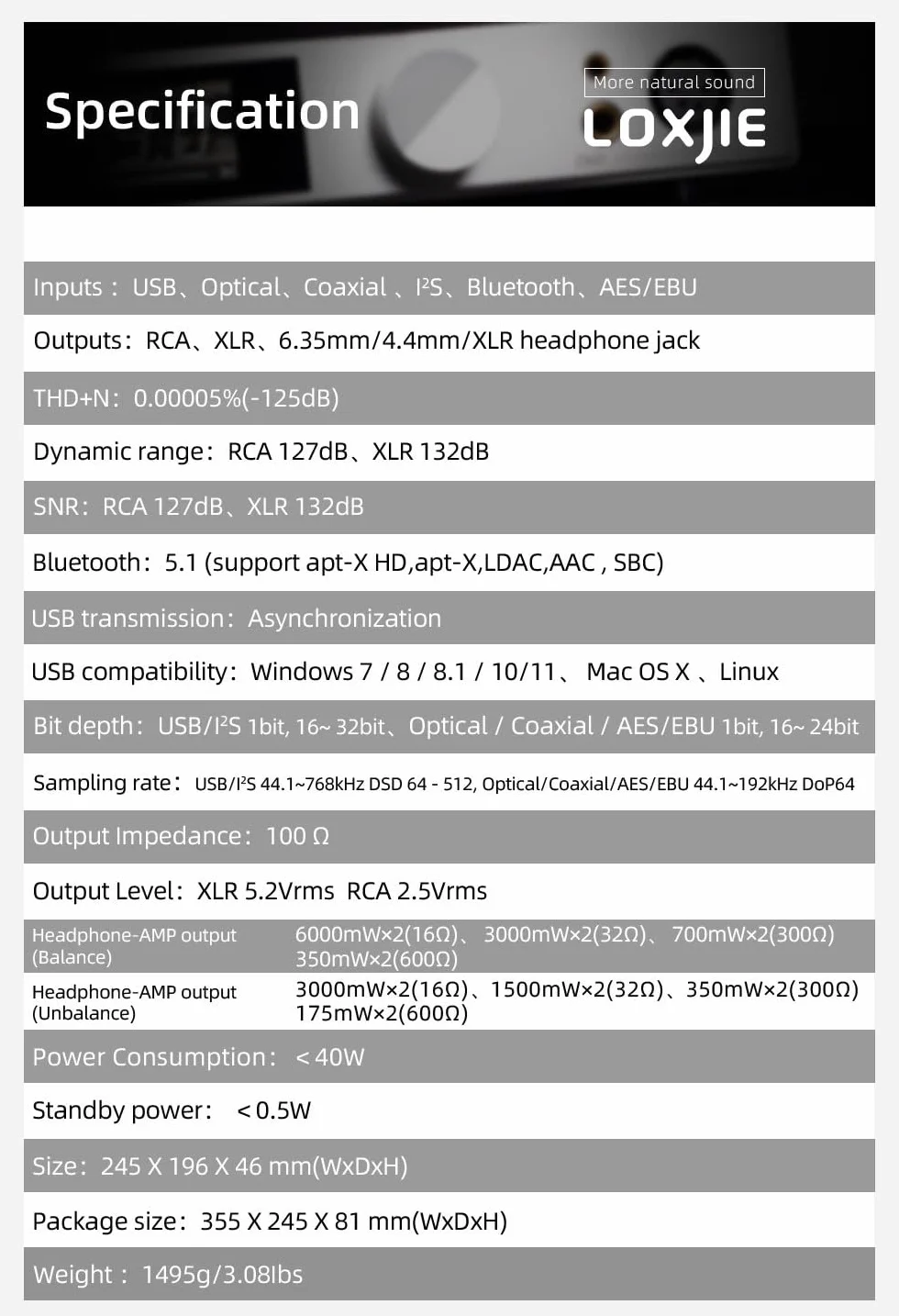 LOXJIE D60 HiFi wzmacniacz słuchawkowy dekoder 6,35 mm 4,4 mm 300Ω 700 mW x 2 Bluetooth 5.1 ES9039MSPRO czarny