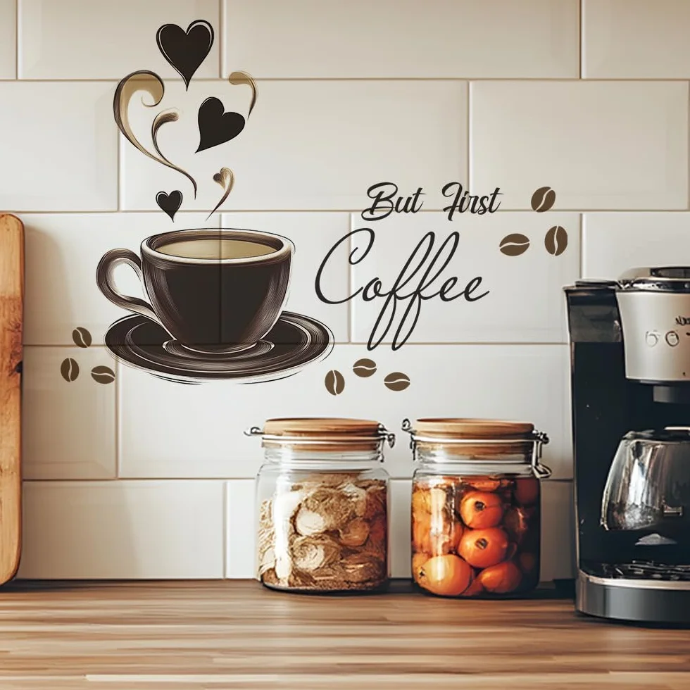 HGDESIGN® Tatuaż ścienny naklejka ścienna kawa czas But First Coffee Sowa Cappuccino Naklejka ścienna Dekoracja ścienna do kuchni jadalni (F)