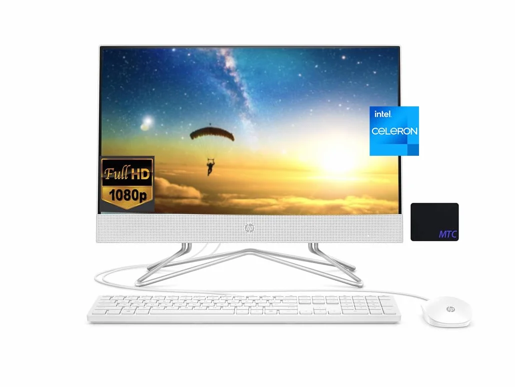 HP Komputer stacjonarny All-in-One, wyświetlacz Full HD 21,5 cala, procesor Intel Celeron J4025, 16 GB RAM, 512 GB SSD, Intel UHD Graphics 600, przewodowa klawiatura i mysz, Win 11 Home, z podkładką