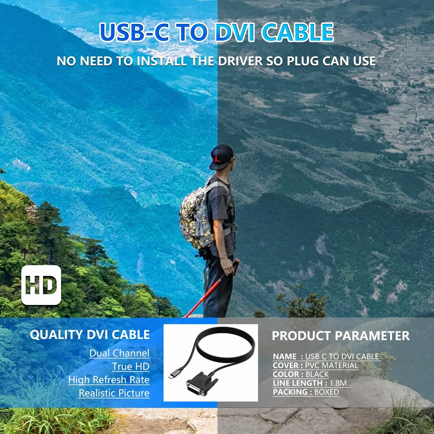 DVI Cable Adapter - 4K @60Hz DVI-D Dual Link Male kompatybilny z MacBook, iPad, Dell XPS itp. Konwerter kabli do monitora, telewizora, projektora 2 m