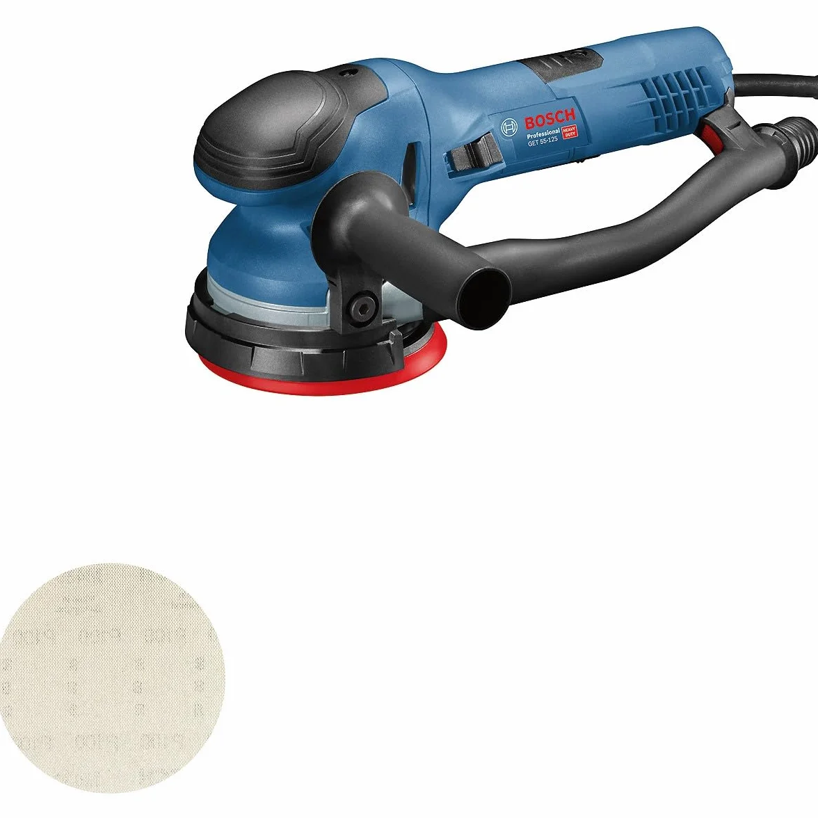 Bosch Professional: szlifierka mimośrodowa GET 55-125 (550 W, średnica talerza szlifierskiego 125 mm, 1 papier ścierny, talerz szlifierski, pierścień ochronny, rękojeść dodatkowa)