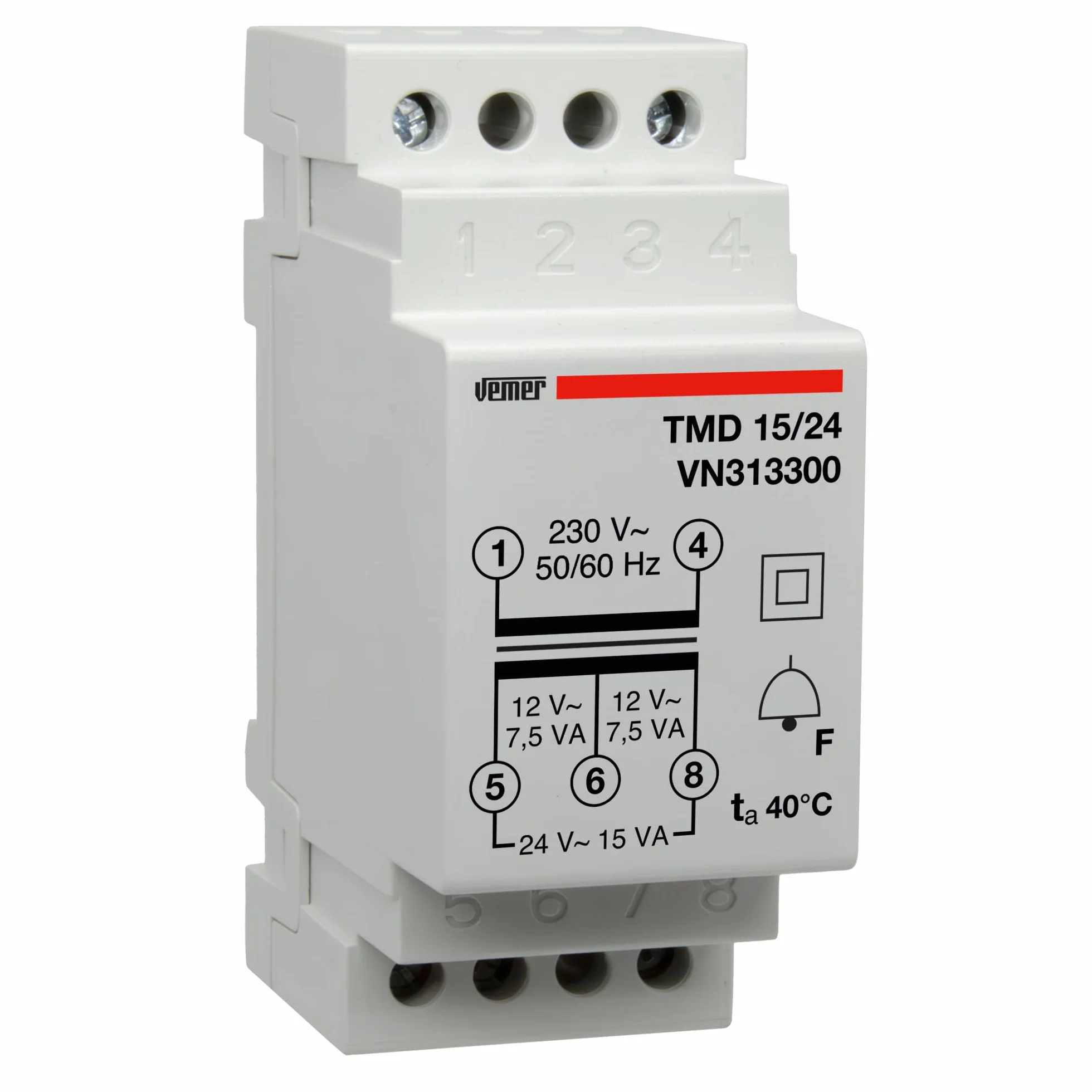 VEMER VN313300 TMD 15/24 transformator dzwonka do szyn montażowych, transformator o napięciu pierwotnym 230 V, napięcie wtórne 12-24 V i moc 15 VA, biały