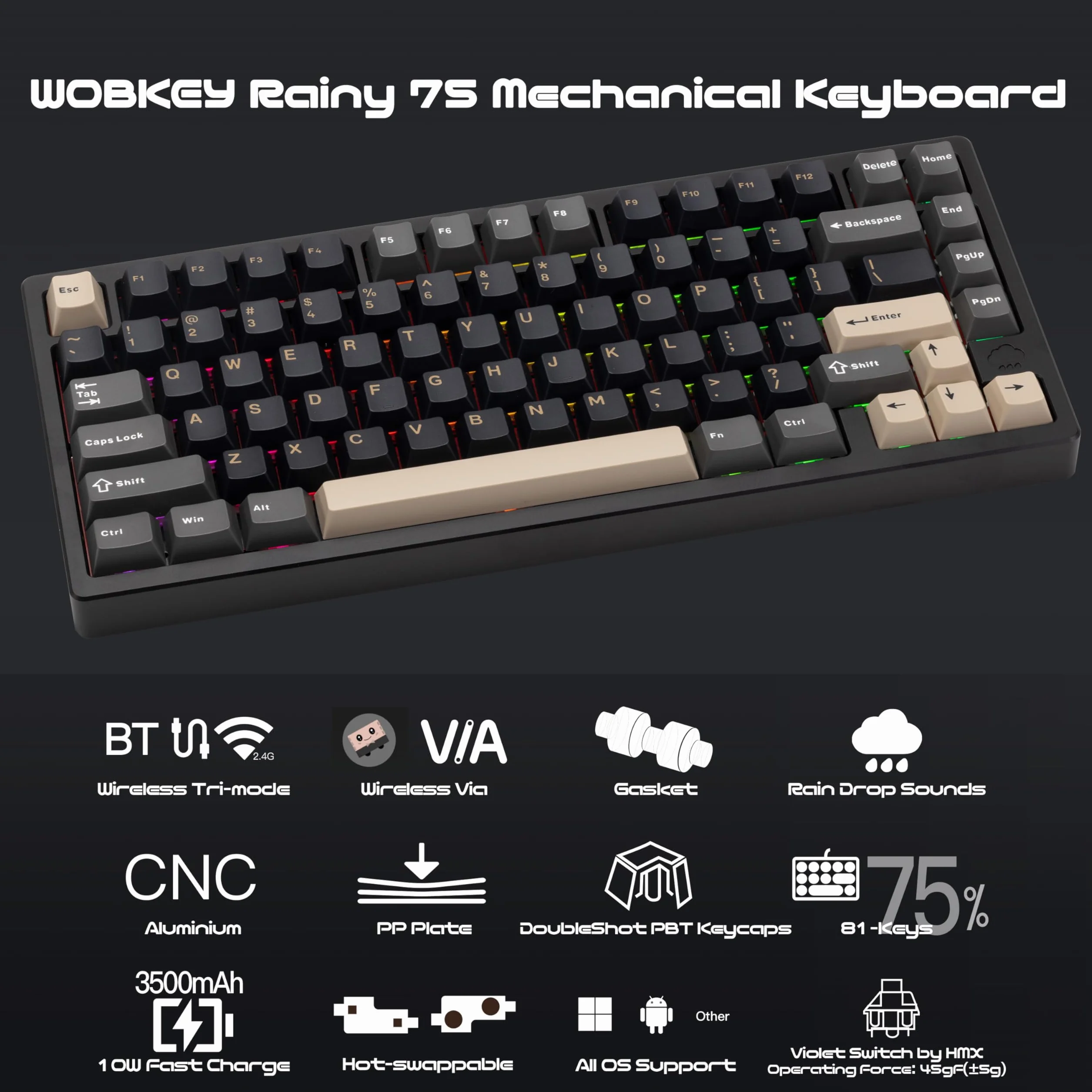 WOBKEY Rainy 75 klawiatura aluminiowa mechaniczna przewodowa BT 2.4G czarny