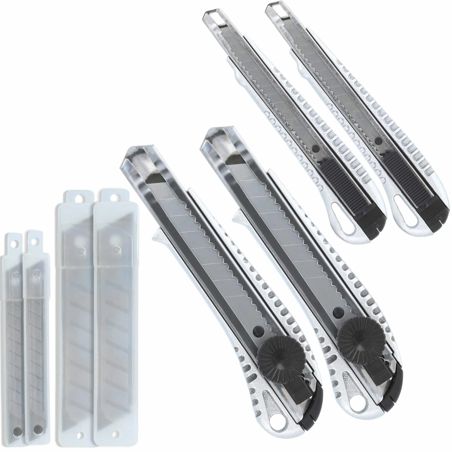 COM-FOUR® 4x noze tnace z wymiennymi ostrzami - noze do dywanów - noze do tapet w 2 rozmiarach - przecinarki do tektury z odlamywanymi ostrzami - noze rzemieslnicze (Aluminium - 4 sztuki)
