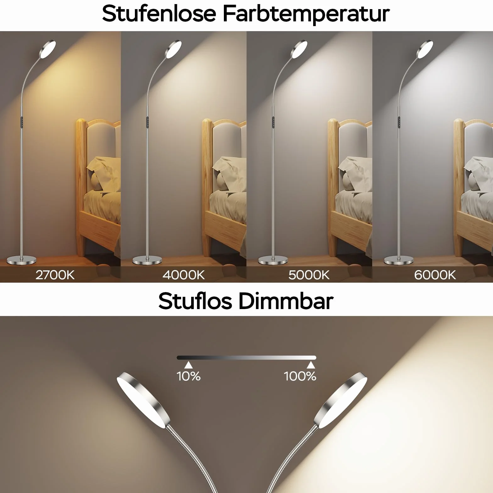 NOVA Lampa stojąca LED | Dimmowana lampa stojąca do salonu z pilotem | 4 temperatury barwowe & 4 poziomy jasności (Koloru Niklu)
