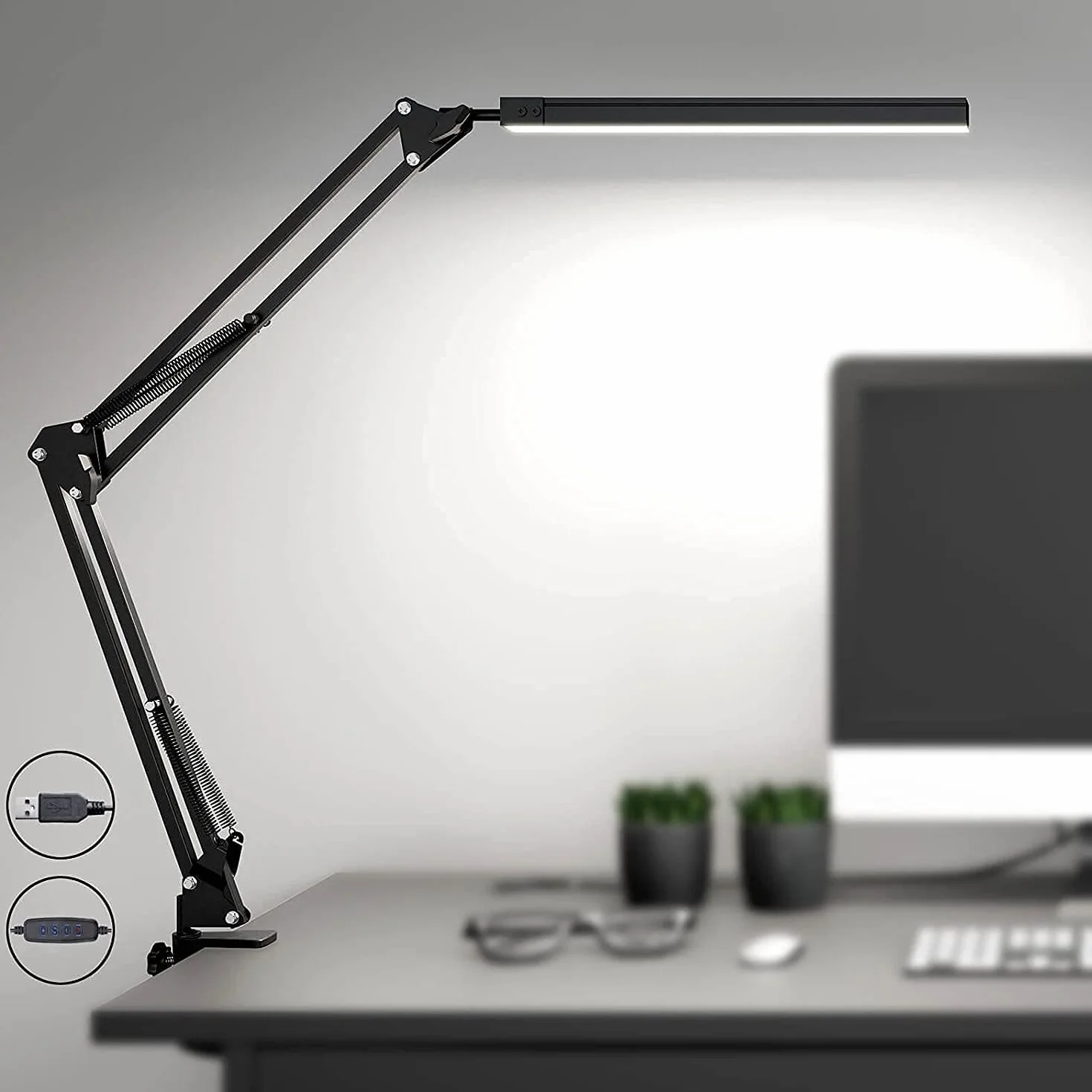 SKYLEO Lampka Biurkowa LED z Klipsem - Lampka LED Chroniąca Oczy - Regulowane Pod Wieloma Kątami światło Robocze - 3 Tryby świecenia X 10 Poziomów Jasności - Czarna