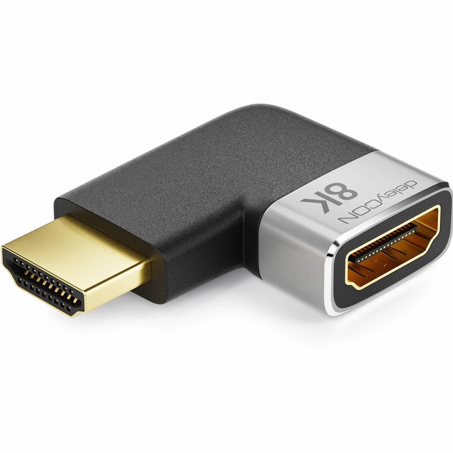 deleyCON Złącze Adaptera HDMI 8K@60Hz / 4K@120Hz UHD 7680x4320 Aluminium HDMI 2.1 ARC HDR10+ Dolby Vision VRR ALLM 48 Gb/s pod Kątem Prostym Szary Czarny