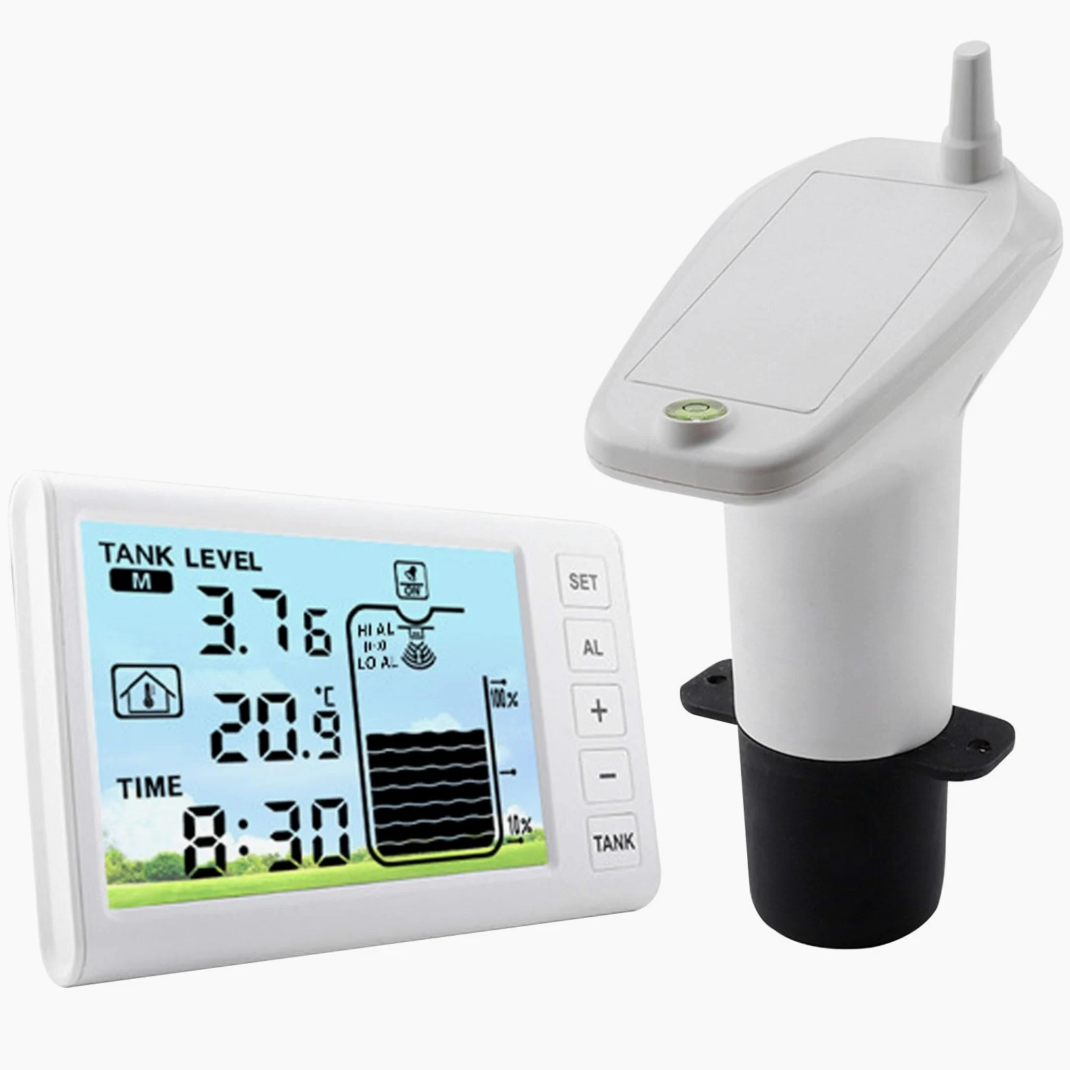 Ultradźwiękowy Czujnik Poziomu Cieczy – Bezprzewodowy Miernik Głębokości w Zbiorniku Wody z Wyświetlaczem LCD, Wskazaniem Temperatury i Czasu, do Zarządzania wodą Wewnątrz i na