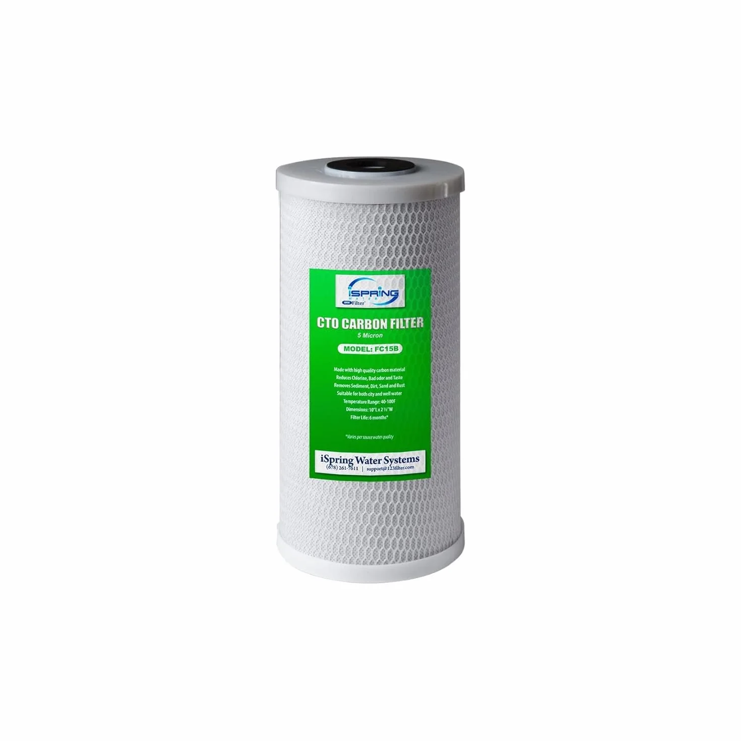 iSpring FC15B Wkład wymienny filtra blokowego z węglem aktywnym CTO o dużej pojemności do systemu filtracji wody pod zlewem i całego domu, 5 mikronów 25 cm x 11,4 cm