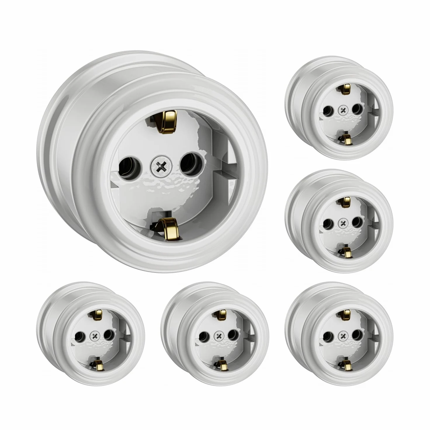 ledscom.de 6-gniazdowe gniazdko natynkowe z porcelany PORS, białe błyszczące, okrągłe, ⌀ 65 mm