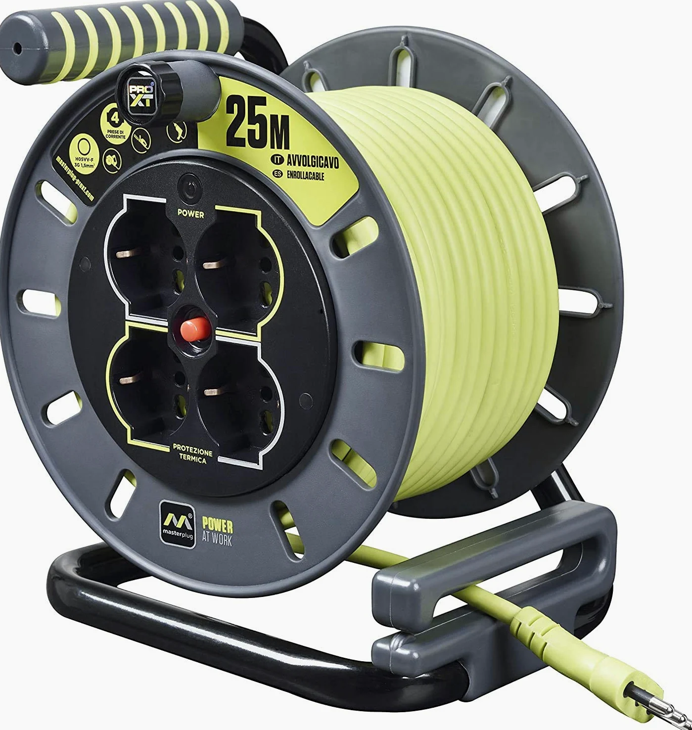 Masterplug Pro-XT Zawijarka kablowa 25 metrów, 4 Uniwersalne gniazda prolivalent: Bipasso, EU, Schuko, Przedłużacz elektryczny 16A, Wskaźnik LED, Kabel Wysokiej Widoczności