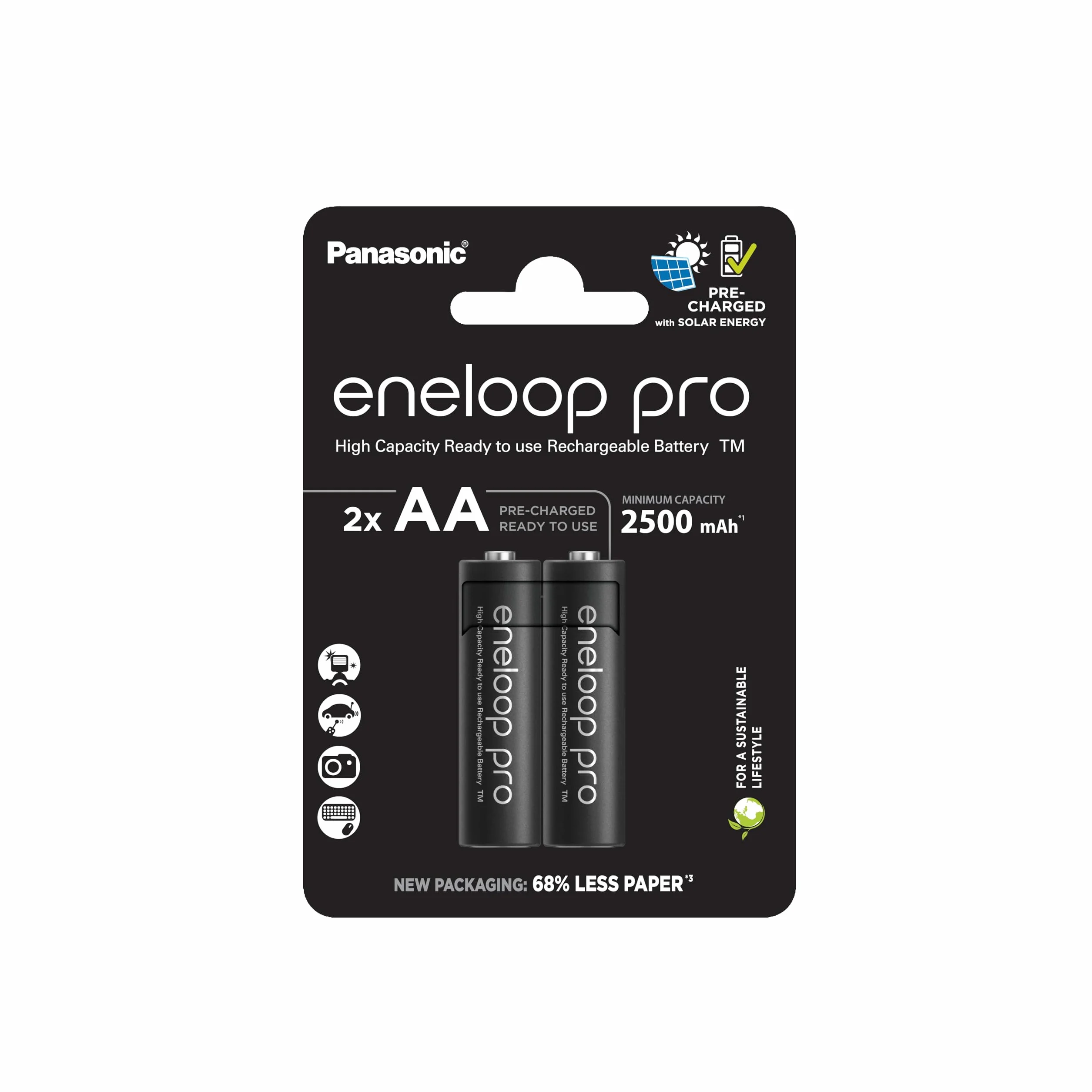Panasonic eneloop pro | Ready-to-Use Ni-MH akumulatory, AA/Mignon, 2 sztuki w zestawie, min. 2500 mAh, 500 cykli ładowania, niski stopień samorozładowania w opakowaniu bez tworzyw sztucznych, Czarny