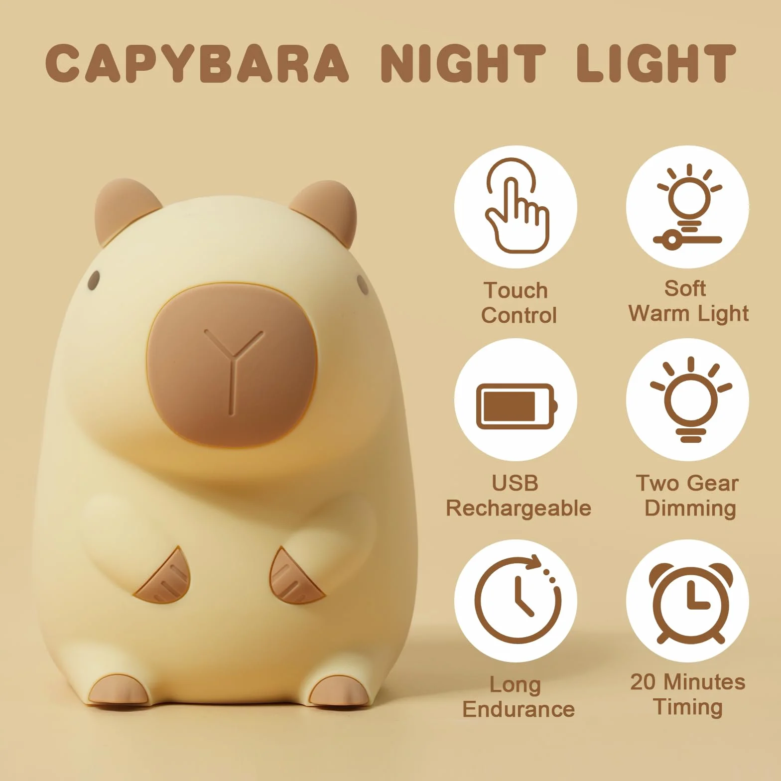 URAQT Lampka nocna z kapibarą dla dzieci, lampka nocna z funkcją dotykowego sterowania kapibarą, ładowanie i timer przez USB, ściemniana silikonowa lampka nocna