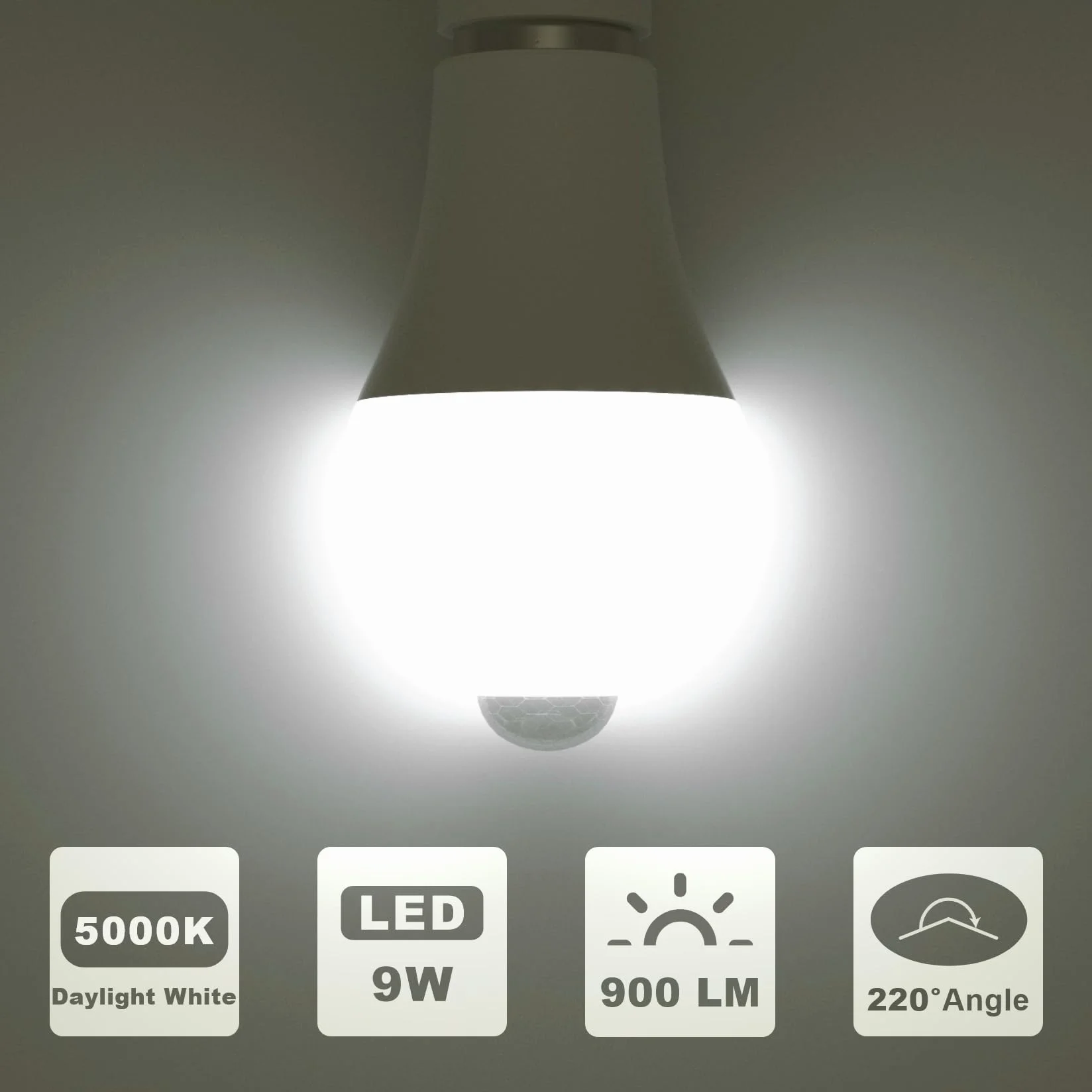 Żarówka z czujnikiem ruchu, żarówka LED E27 z czujnikiem ruchu PIR, światło białe, 5000 K, 9 W, 900 lm, żarówki bezpieczeństwa, automatyczne włączanie/wyłączanie, do korytarza i garażu, opakowani