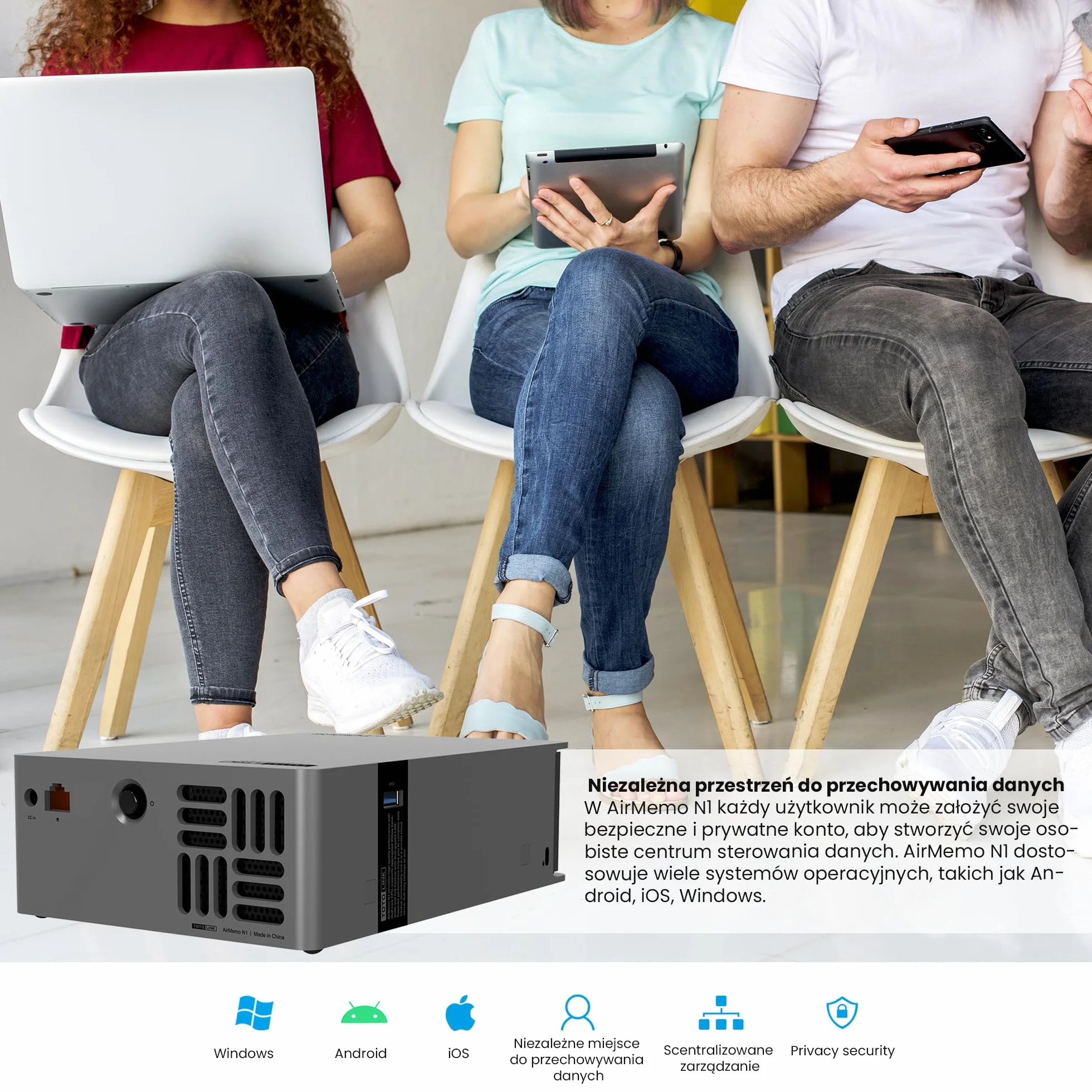Serwer NAS, 1 SATA, 2 GB RAM, 1 RJ45 1000 MB/s, 1 USB 3.0, procesor dwurdzeniowy 1,6 GHz, zdalny dostęp, automatyczna kopia zapasowa telefonu, Kompatybilny z Androidem, iOS, Windows
