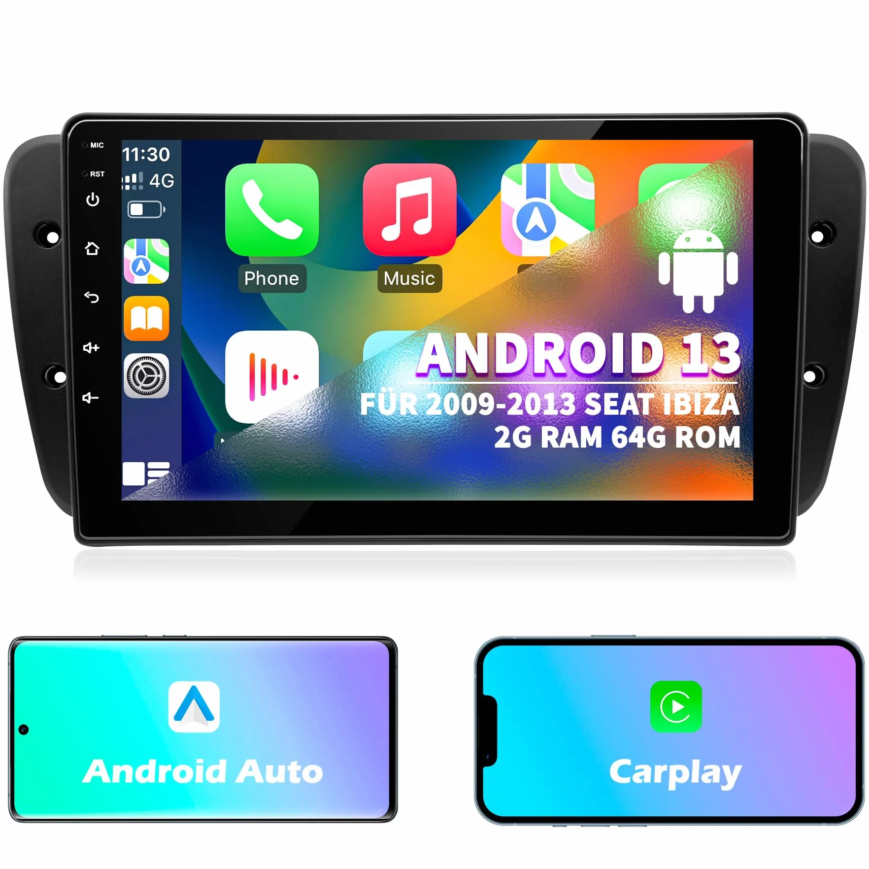Radio Samochodowe do Seat Ibiza 6J 2009 2010 2011 2012 2013, Android 12 GPS FM 2+64G, 9-calowy Ekran Dotykowy, Obsługuje GPS Carplay Android Auto Bluetooth 5.0 WiFi Sterowanie Głosem Radio