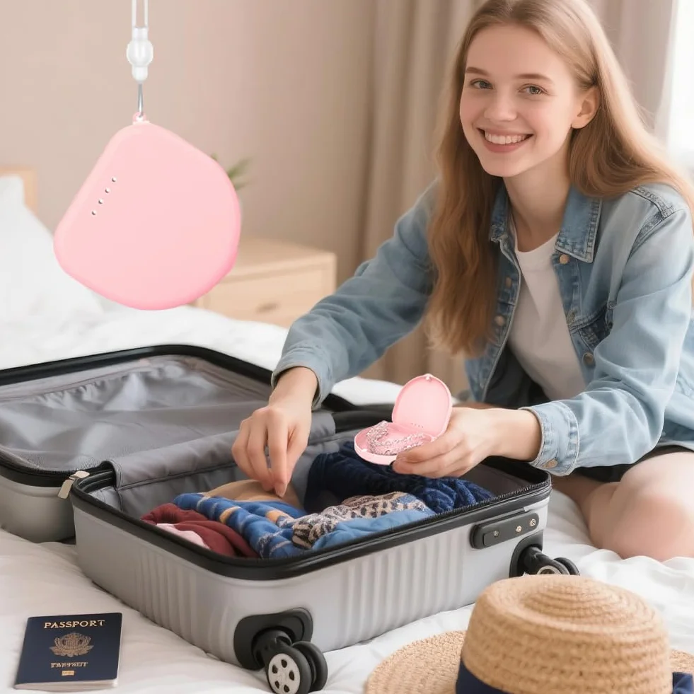 Retainer Case, przenośna wielofunkcyjna podróżna, małe pudełko do produkcji zębów, pusta obudowa do ochrony jamy ustnej z narzędziem do usuwania zębów w kolorze różowym