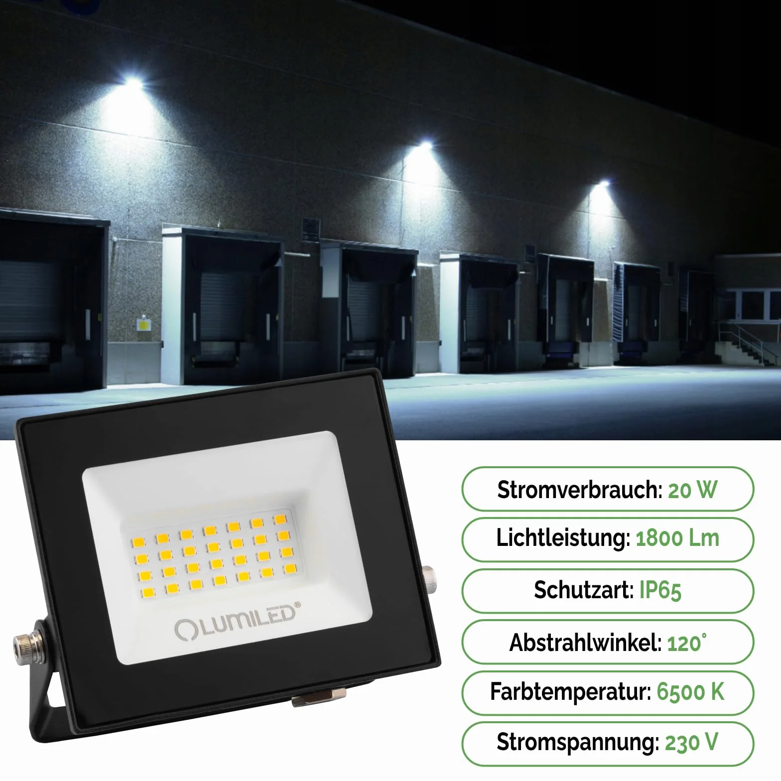 Lumiled Reflektor LED 20 W, super jasny, 1800 lm, reflektor LED, do użytku na zewnątrz, IP65, wodoszczelny, 6500 K, zimna biel, reflektor czarny