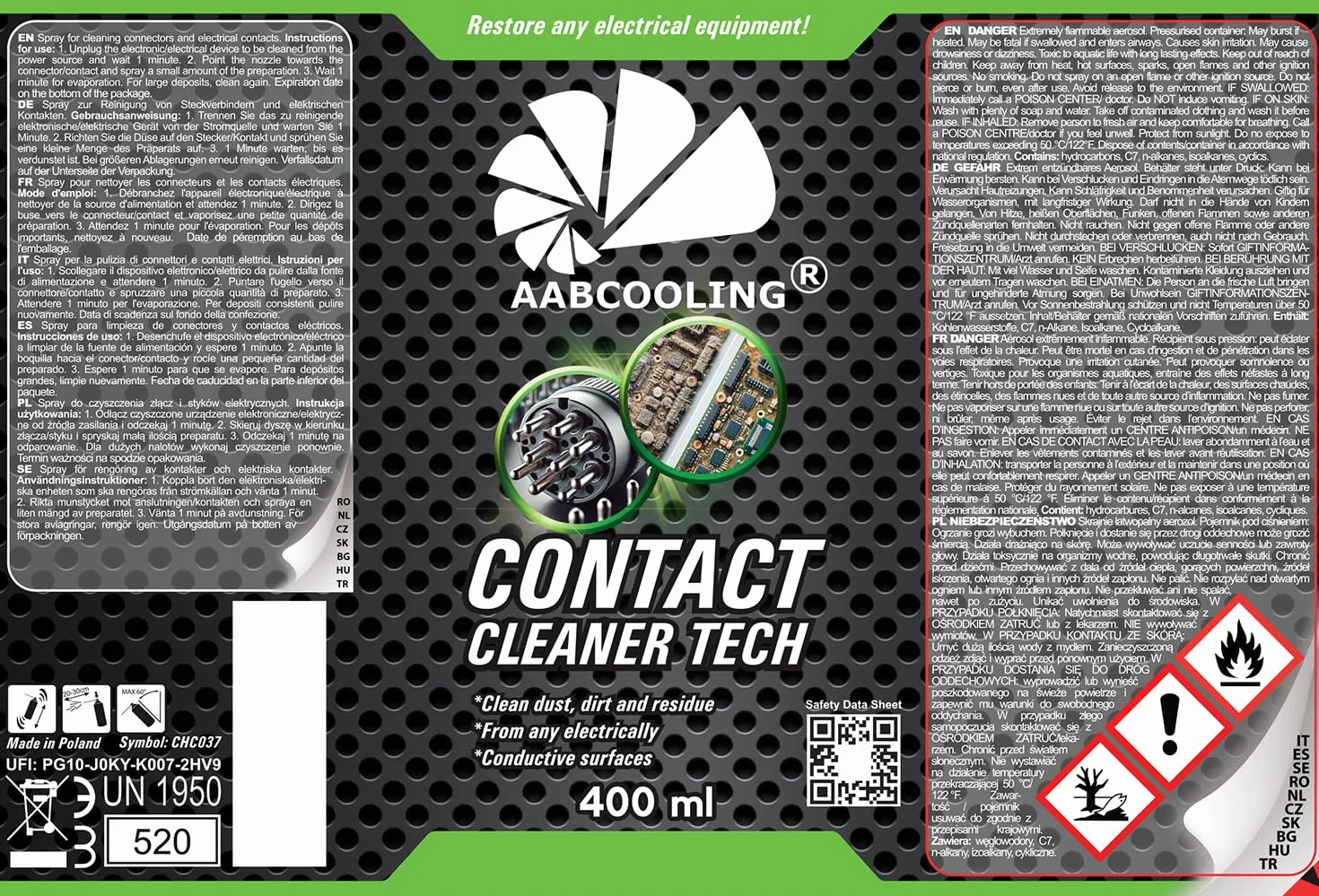 AABCOOLING Contact Cleaner 400ml – Uniwersalny środek czyszczący do domu, warsztatu i samochodu, usuwa tłuszcz, kurz i zabrudzenia – szybkoschnący spray do czyszczenia elektryki i elektroniki
