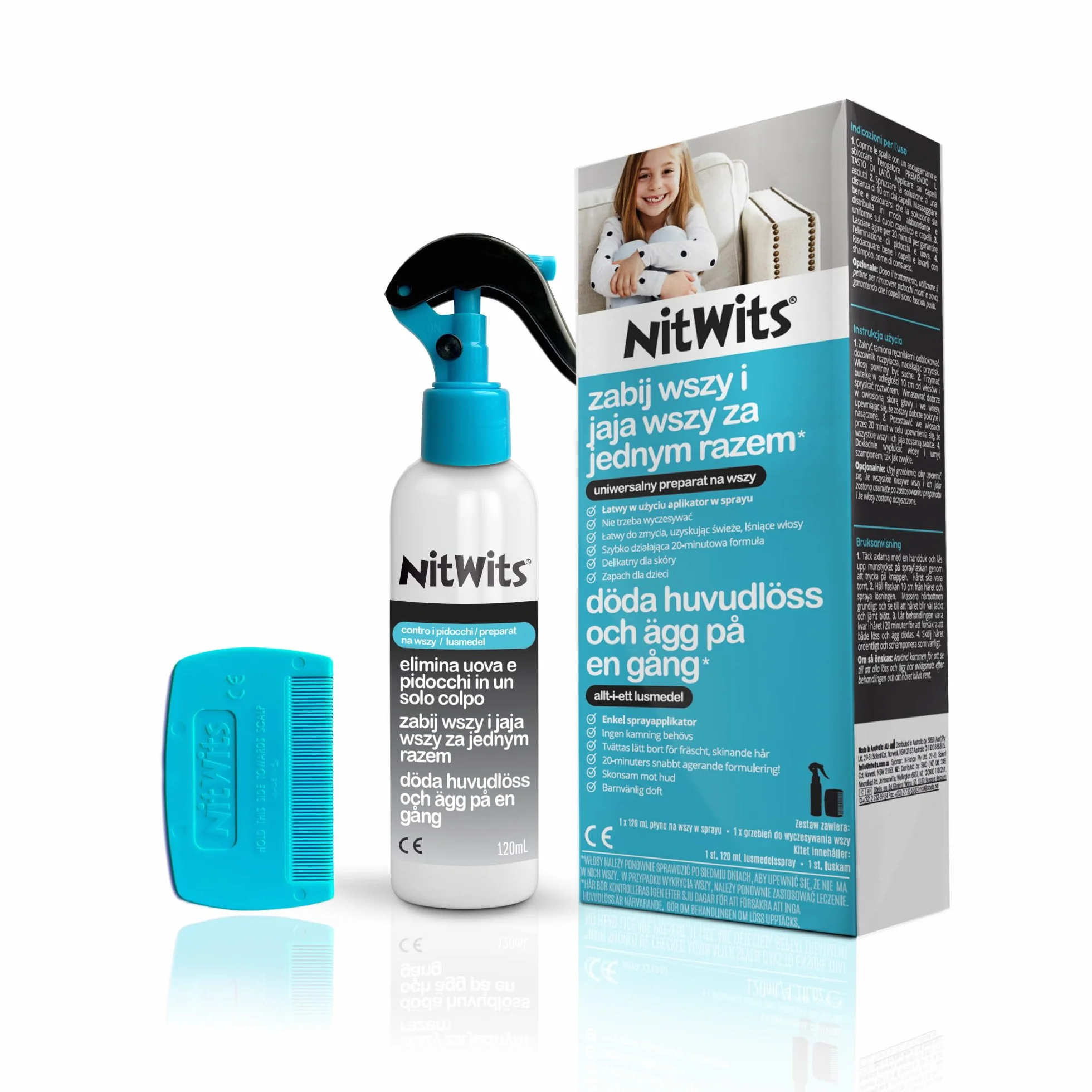 NitWits All-In-One – spray żel na wszy – szybkie usuwanie wszy i gnid w 1 zabiegu (20 minut) – z plastikowym grzebieniem – 120 ml