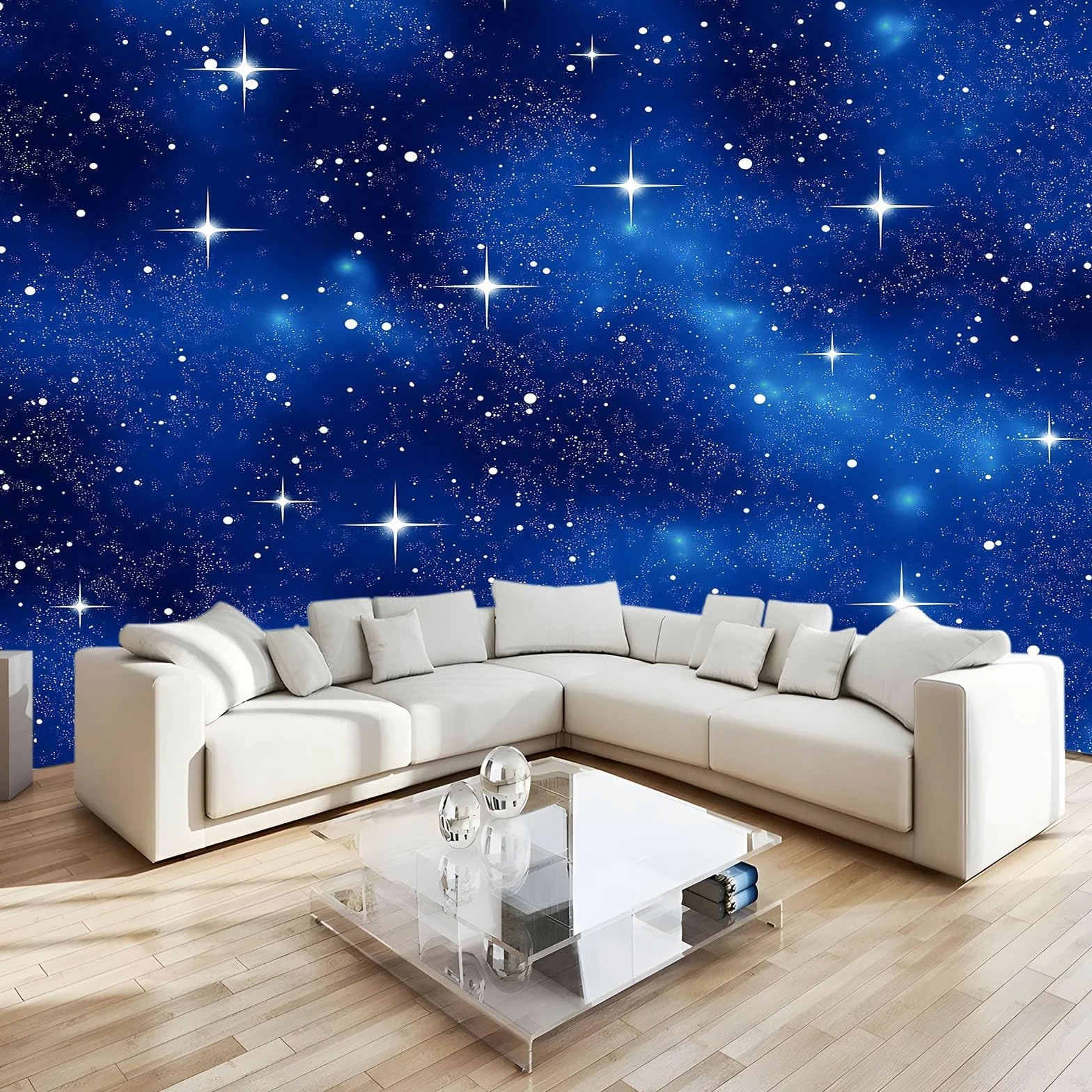 Fototapeta z włókniny 300 x 210 cm, galaktyka, gwiaździste niebo, gwiazdy, tapeta do salonu, nowoczesna tapeta z włókniny, XXL, tapeta ścienna, tapeta z motywem, efekt 3D, dekoracja ścienna, niebieska