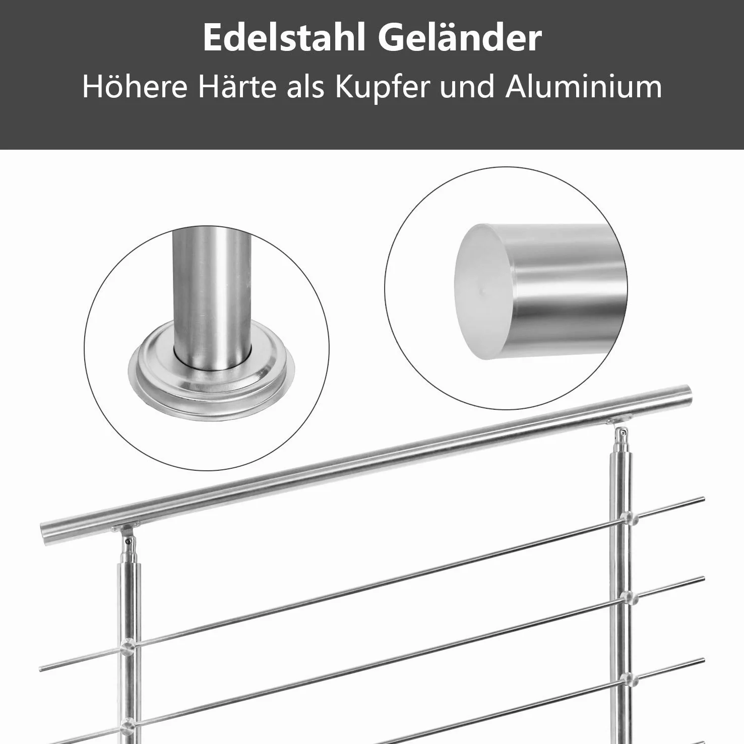 Poręcz ze stali nierdzewnej, do balustrady schodowej, na balkon, 120 cm, z 4 poprzeczkami Ø 42 mm, do wewnątrz i na zewnątrz