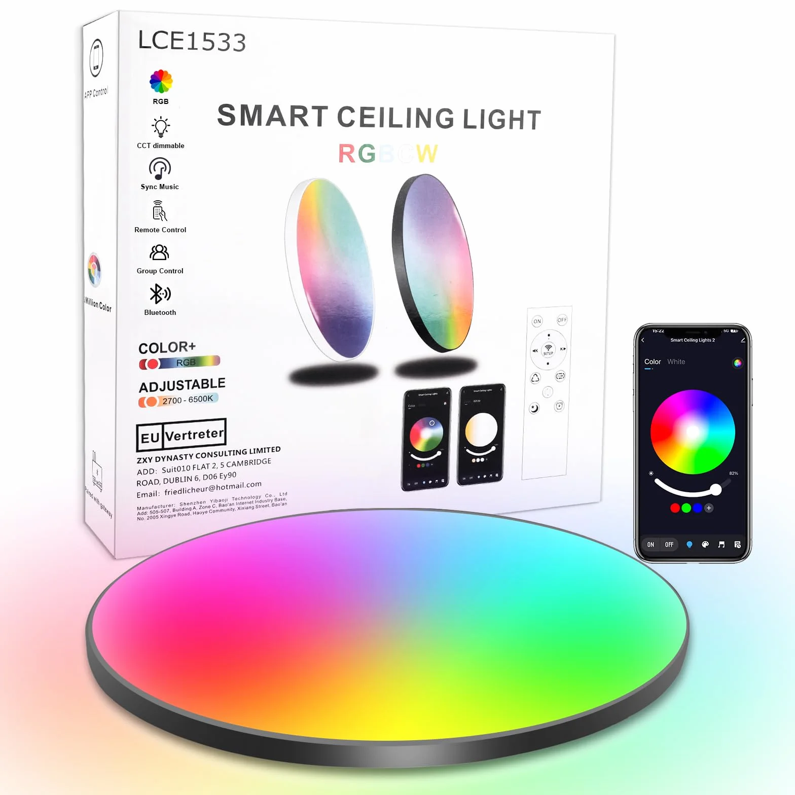 Lampa sufitowa LED, możliwość ściemniania, okrągła, czarna, 24 W, z pilotem, RGB sterowana aplikacją, 2700 K-6500K, inteligentna lampa sufitowa LED, do pokoju dziecięcego, biura, salonu, Ø30