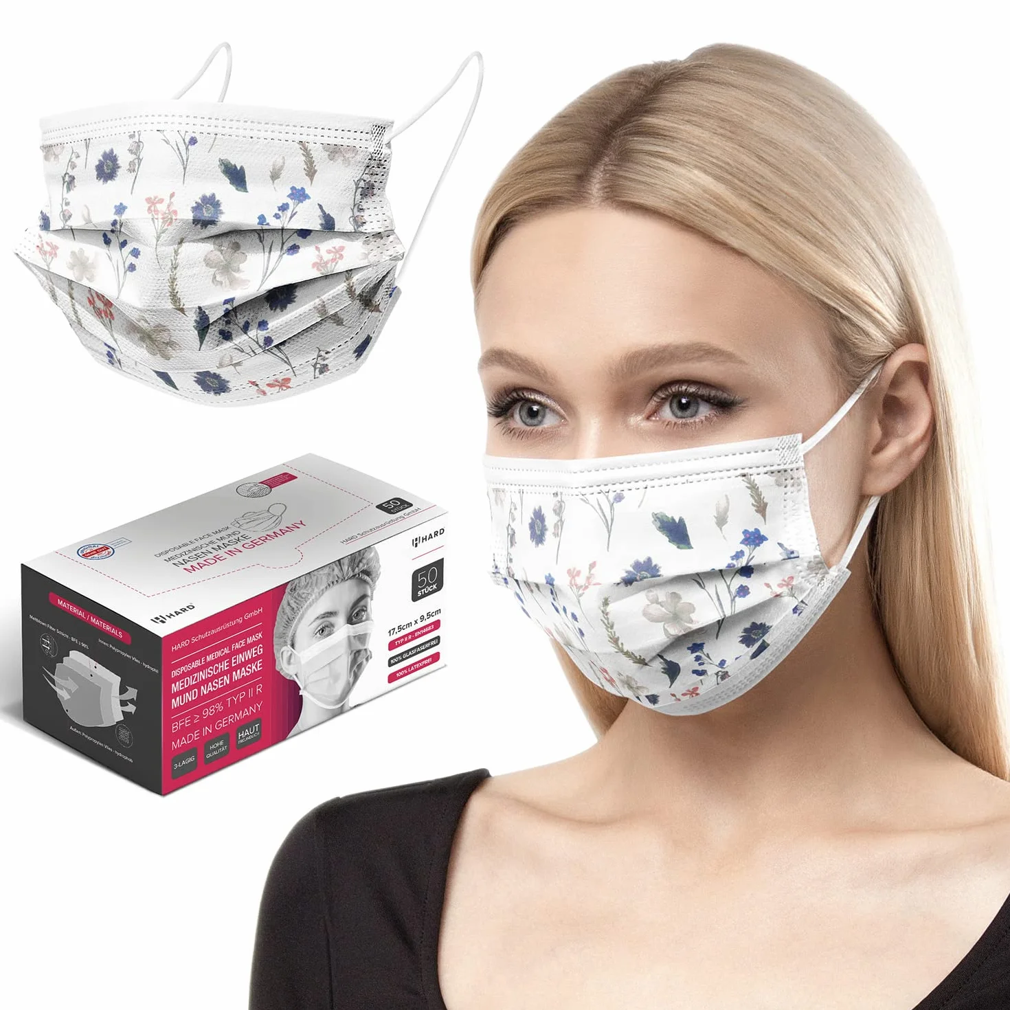 HARD 100 szt. Jednorazowe respiratory | Wyprodukowano w Niemczech | maska chirurgiczna ochronna typu IIR | certyfikat CE EN14683 | Filtratio 99,78% - Rozmiar: standard (17,5 cm x 9,5 cm) - Kwiatowy