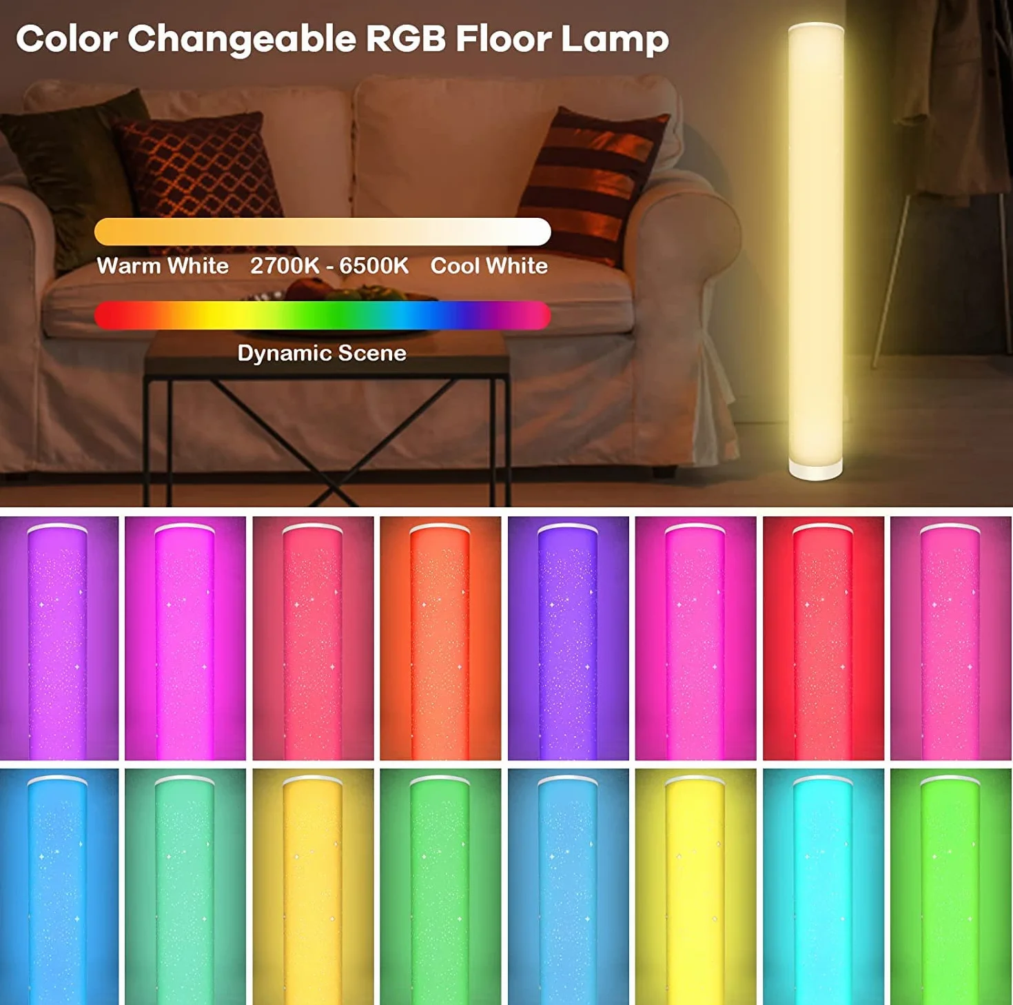 Lacasa Inteligentna Lamp Podłogowych LED, 2 Szt Narożna Lampa Światło Białe i Zmieniające Kolor RGB z Pilotem, Ściemniane Lampy Stojące na Kolumnach Lampy Nastrojowe do Salonu, 10W, Wysokość 104cm