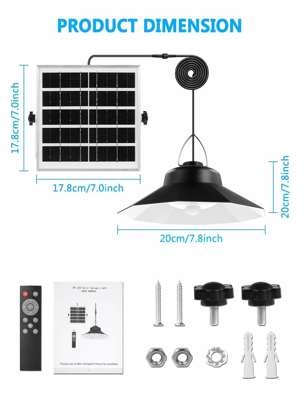 Sararoom Lampa solarna do użytku na zewnątrz, wisząca, 98 LED/5 trybów pracy, solarna lampa wisząca z czujnikiem ruchu, wodoszczelność IP65, 3 kolory/pilot zdalnego sterowania, kabel 5 m, do ogrodu,