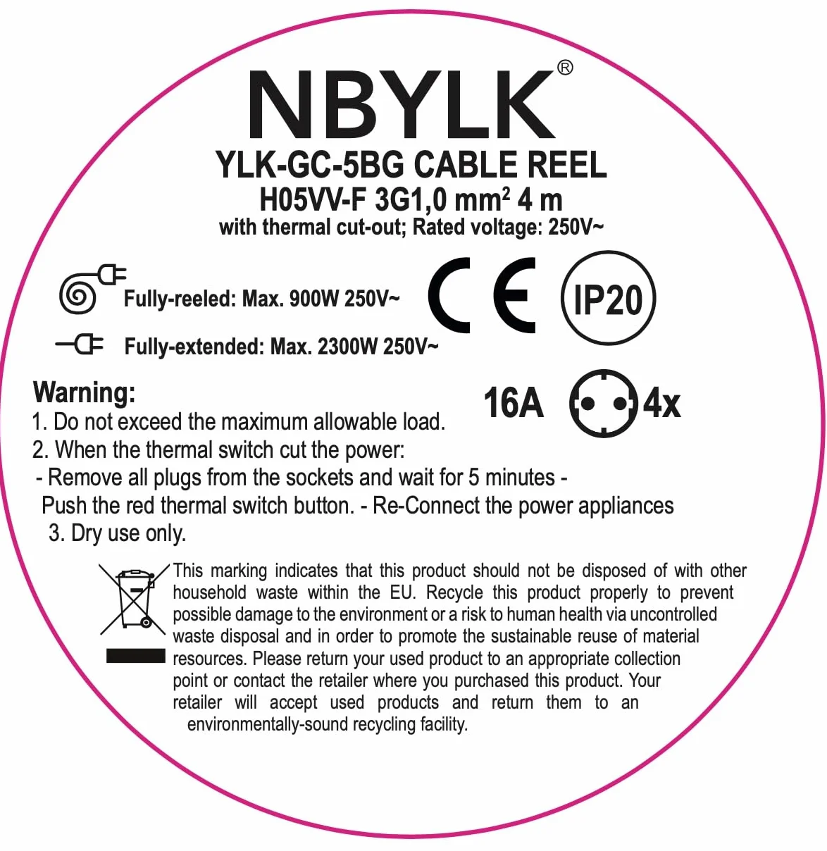 Electraline 49076, bęben kablowy, 4-krotny, 4 m, IP20, rolka kablowa z 4 gniazdami Schuko, skrzynka na kable z kablem przedłużającym, z korbą, czarny