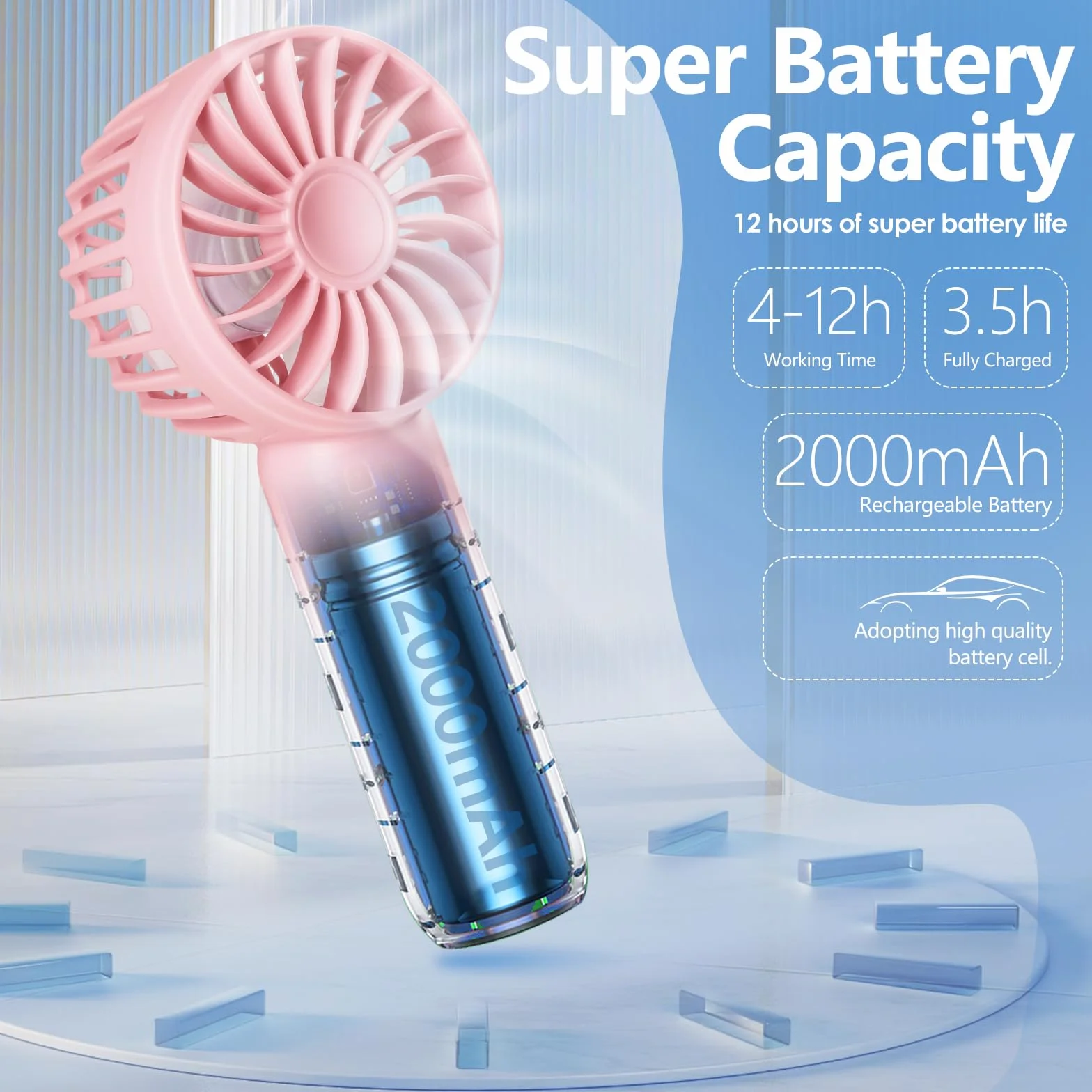 Hianjoo Przenośny mini wentylator 2000 mAh ładowany przez USB ręczny i stojący różowy