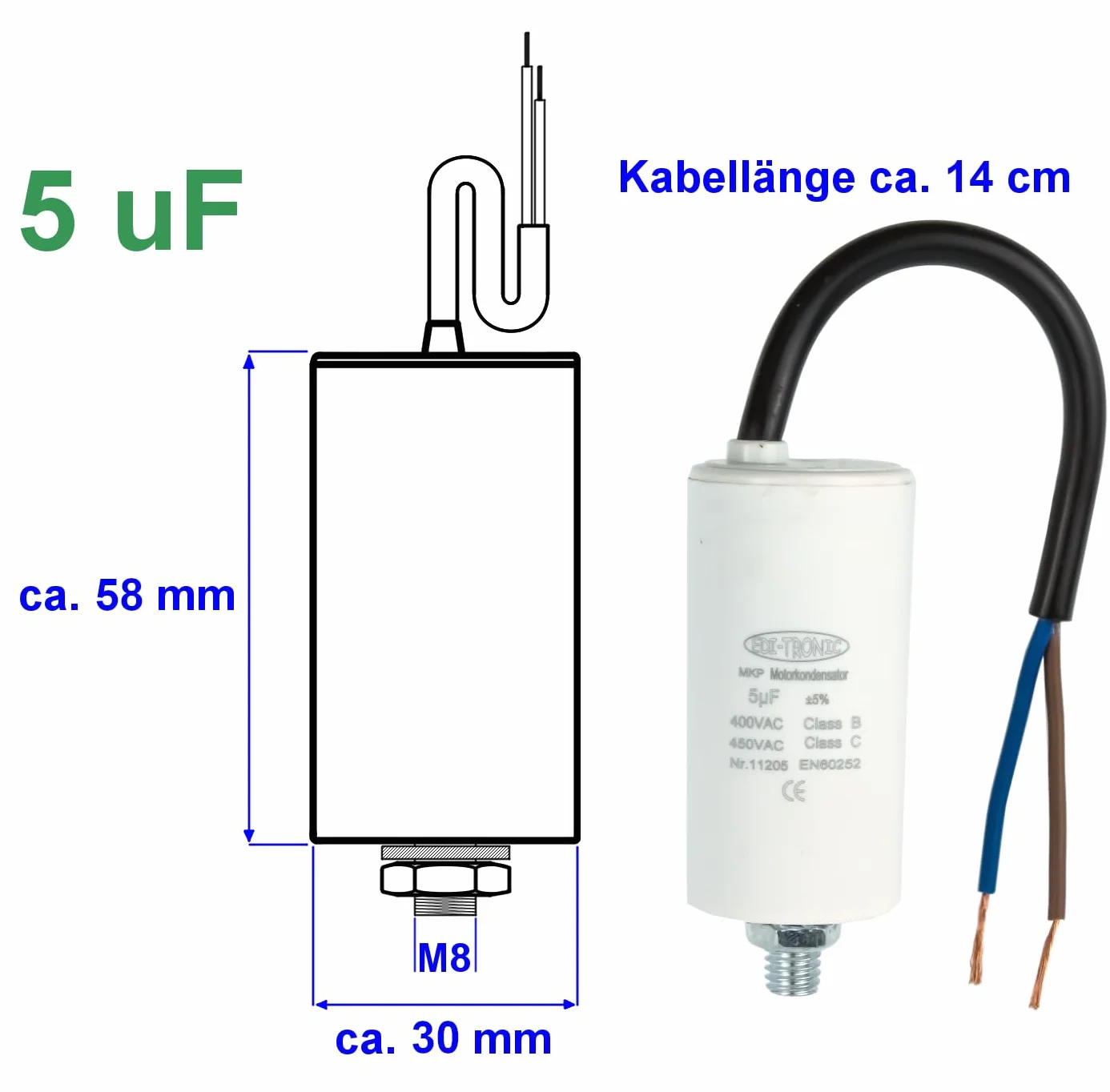 Kondensator rozruchowy silnikowy 5µF 450V