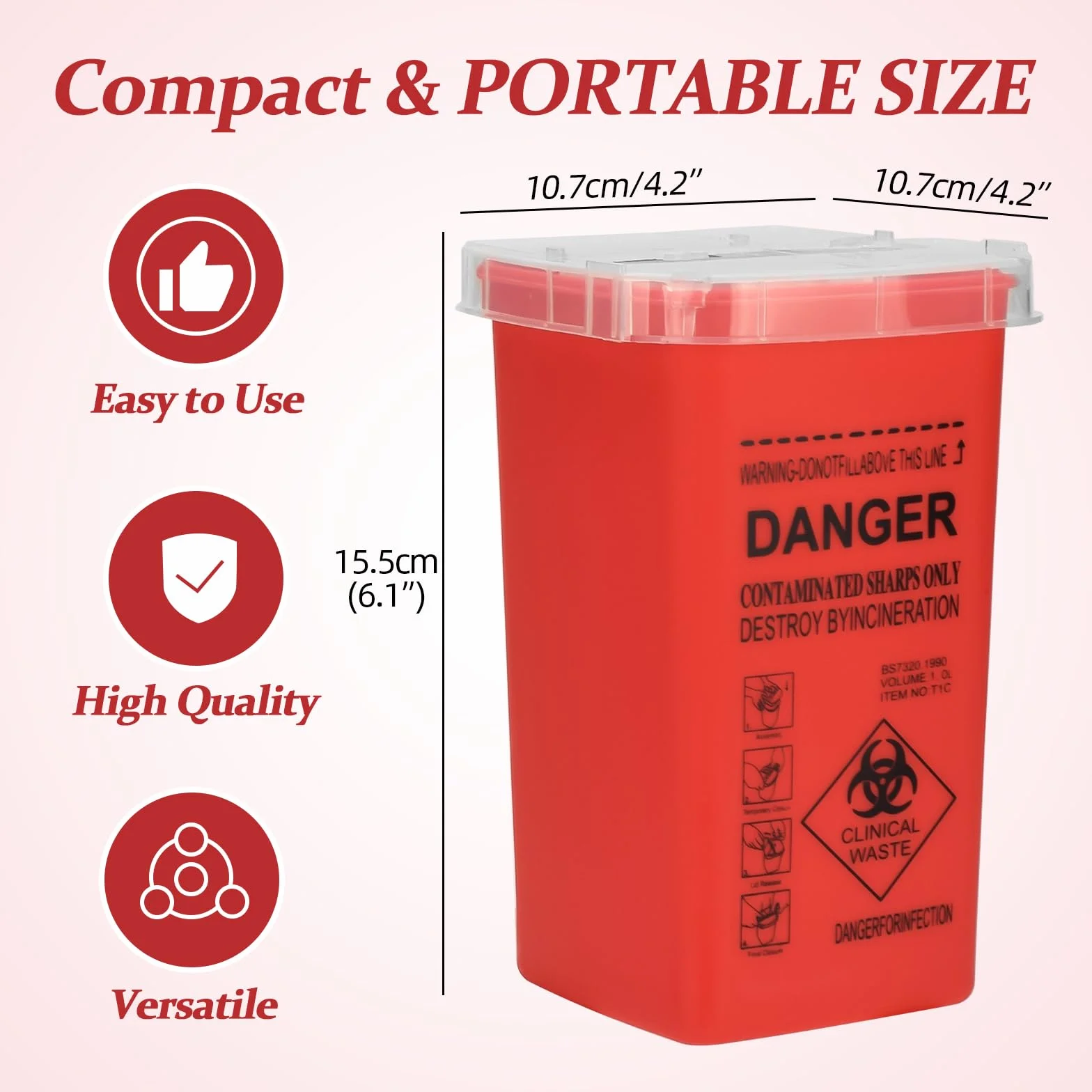 Tattoo Needle Box ATOMUS 1L Tattoo Plastic Sharp Container Tattoo Medical Disposal Biohazard Needle Waste Box Safe Lock Container Tattoo Supplies (1PC, Red)