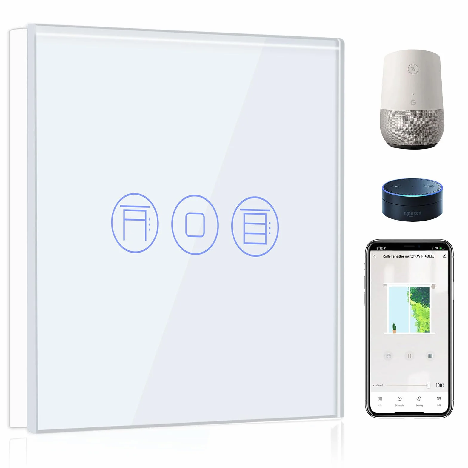BSEED Przełącznik rolet WiFi, pilot zdalnego sterowania i funkcja timera z aplikacją Smart Life/Tuya, współpracuje z Alexa Echo i Google Home, przełącznik żaluzji WiFi z panelem dotykowym, biały