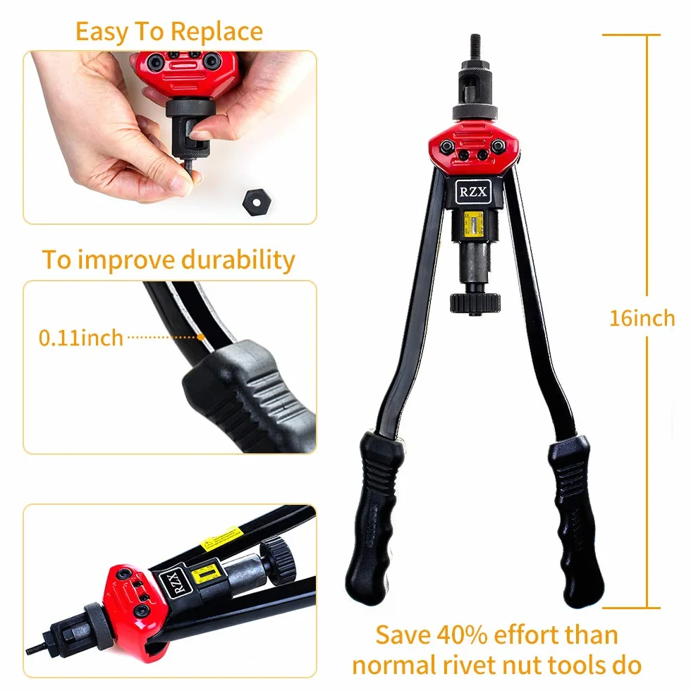 RZX 16" RIVET NUT TOOL Hand Blind Riveter,RIVNUT Riveting Tools with Nut Setting System totally 12mandrels M3 M4 M5,m6,m8,m10 M12, 10-24, 1/4-20, 5/16-18,3/8-16,1/2-13 +115PCS Rivets Nuts