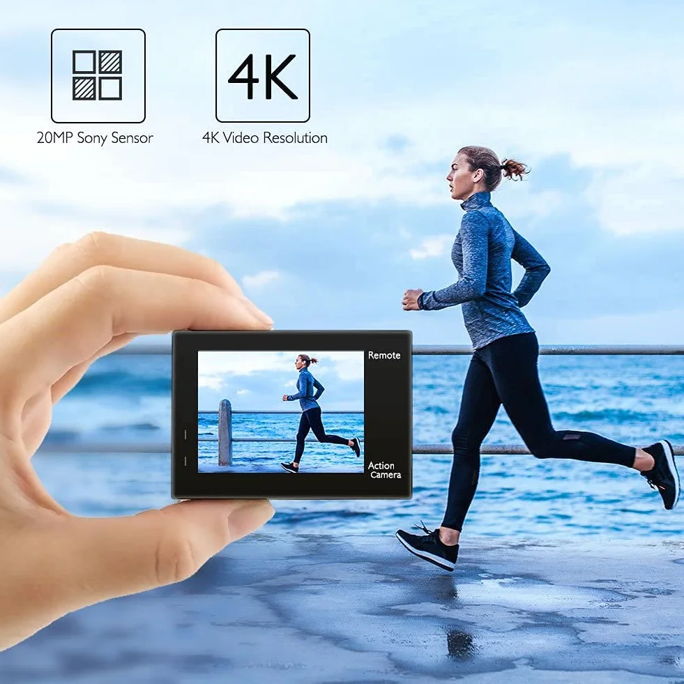 AKASO Kamera sportowa 4K 20MP wodoodporna 30m z pilotem 2 akumulatory zestaw akcesoriów