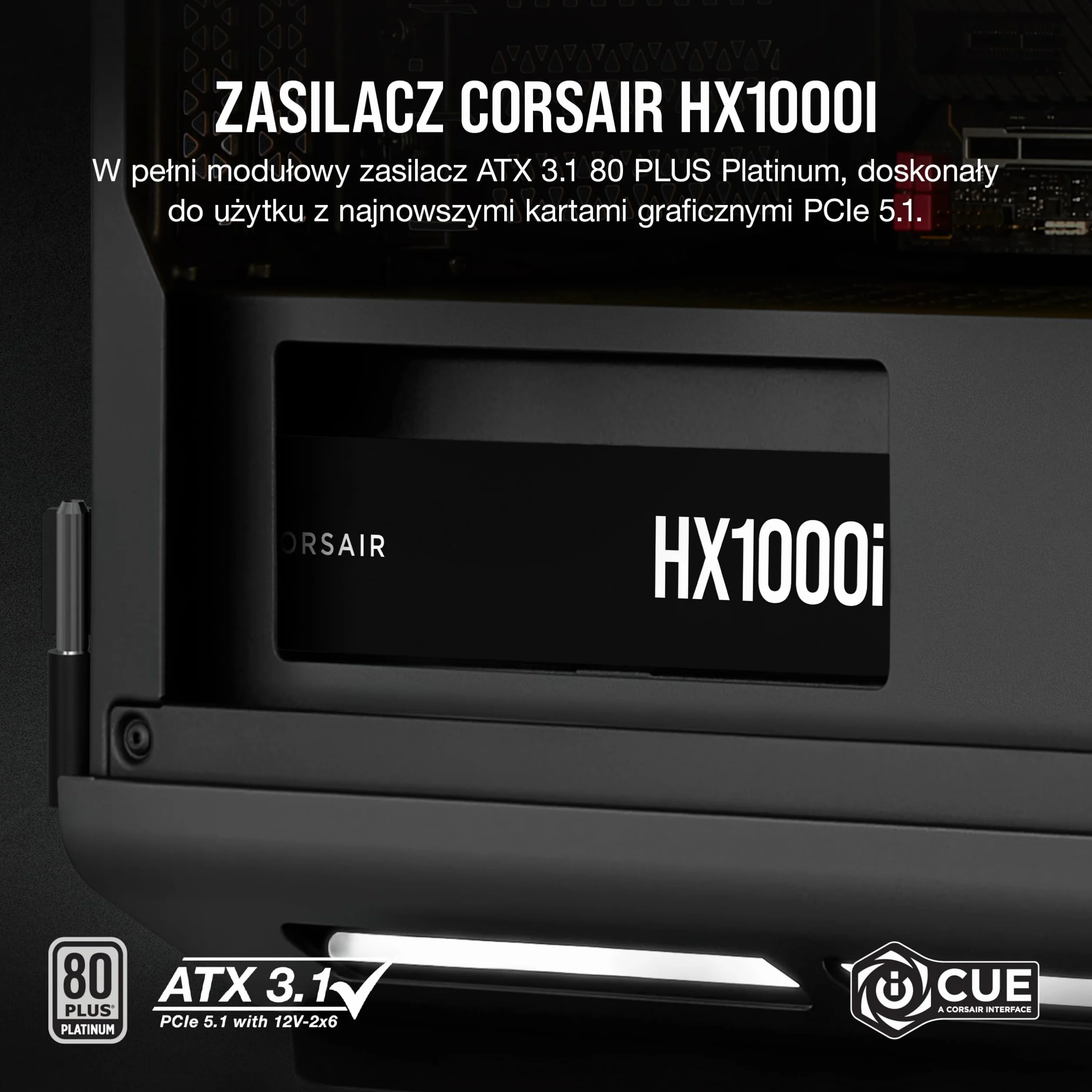 Corsair HX1000i W Pełni Modułowy Ultracichy Zasilacz - Zgodny z ATX 3.1 i PCIe 5.1 – Dynamiczne Łożysko Olejowe – Działa z Oprogramowaniem CORSAIR iCUE – Wydajność 80 PLUS Platinum - Czarny