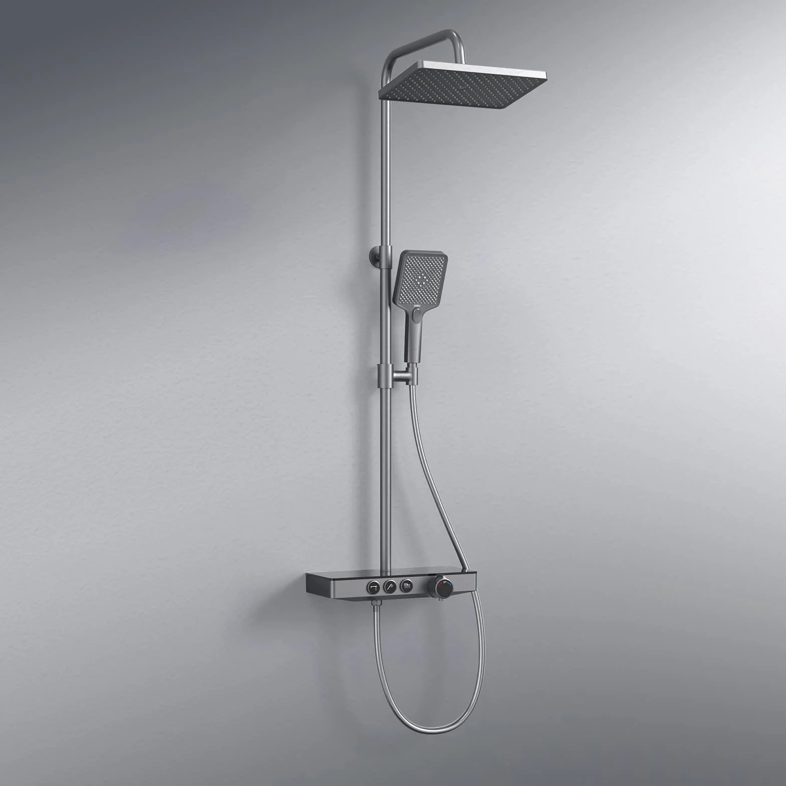 EMKE Termostatyczna kolumna prysznicowa, antracytowa matowa, z termostatycznym prysznicem i prysznicem ręcznym, 3 tryby strumienia, panel termostatyczny 36 cm, prysznic deszczowy 30 cm, certyfikat KTW