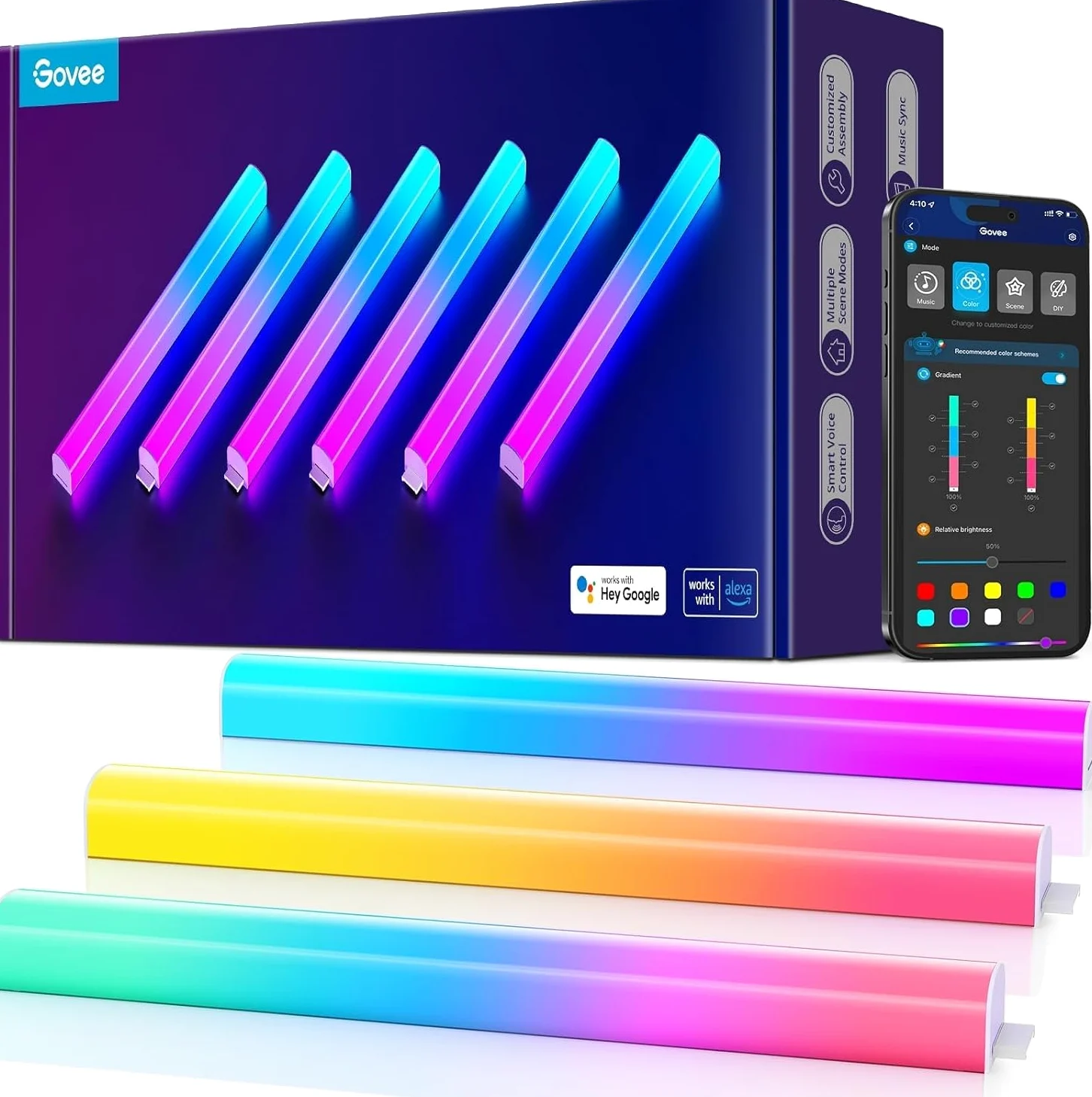 Govee Glide LED Kinkiety ścienne, RGBIC, współpracuje z Alexa i Google Assistant, inteligentne listwy świetlne Glide Lively do pokoju gier, wielokolorowe kinkiety, 6 szt