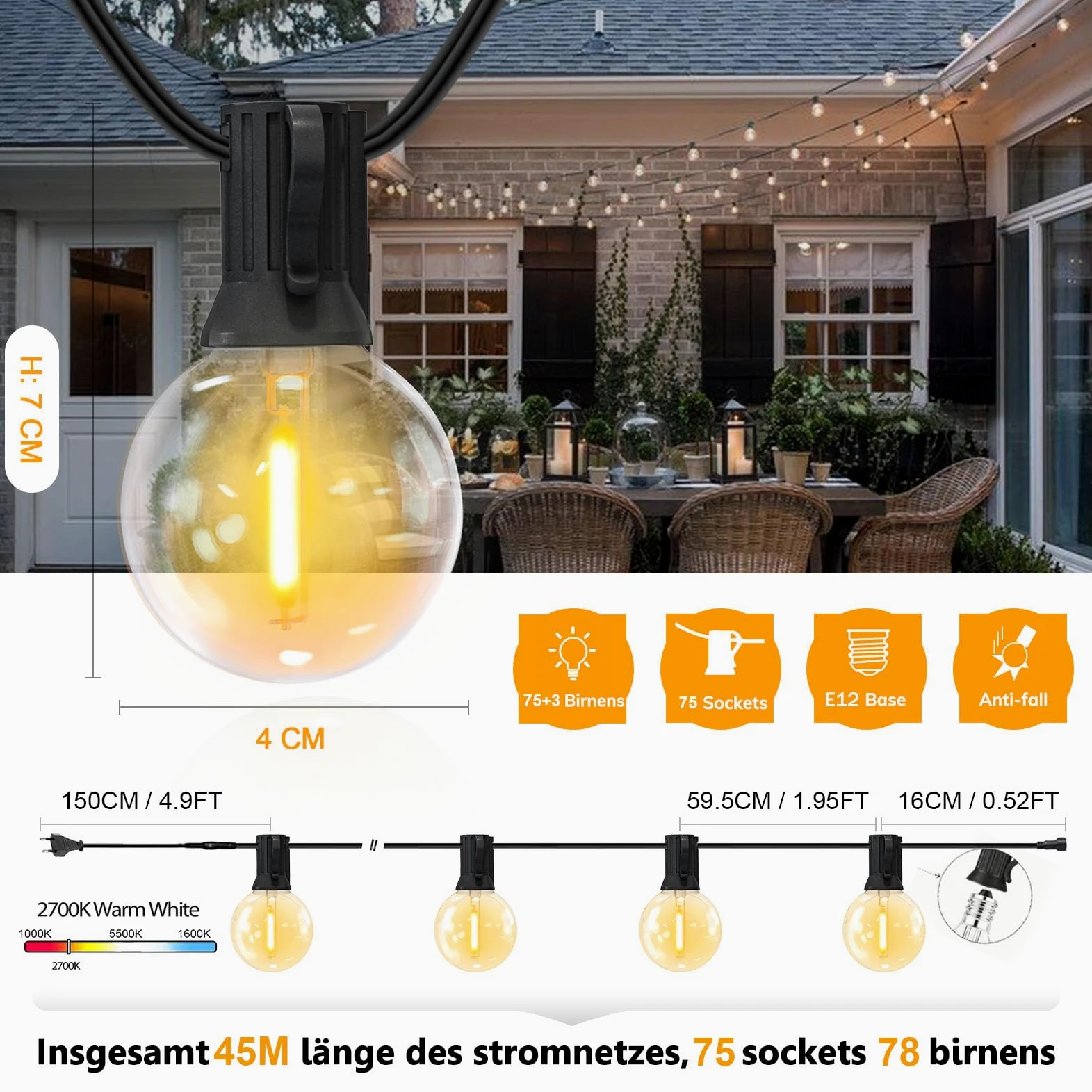 Achin Łańcuch świetlny na zewnątrz, 45 m, wodoszczelny IP45, 75 + 3 żarówki LED G40, E12, łańcuch świetlny na zewnątrz, na wesele, do ogrodu, na taras, ciepła biel, 2700 K