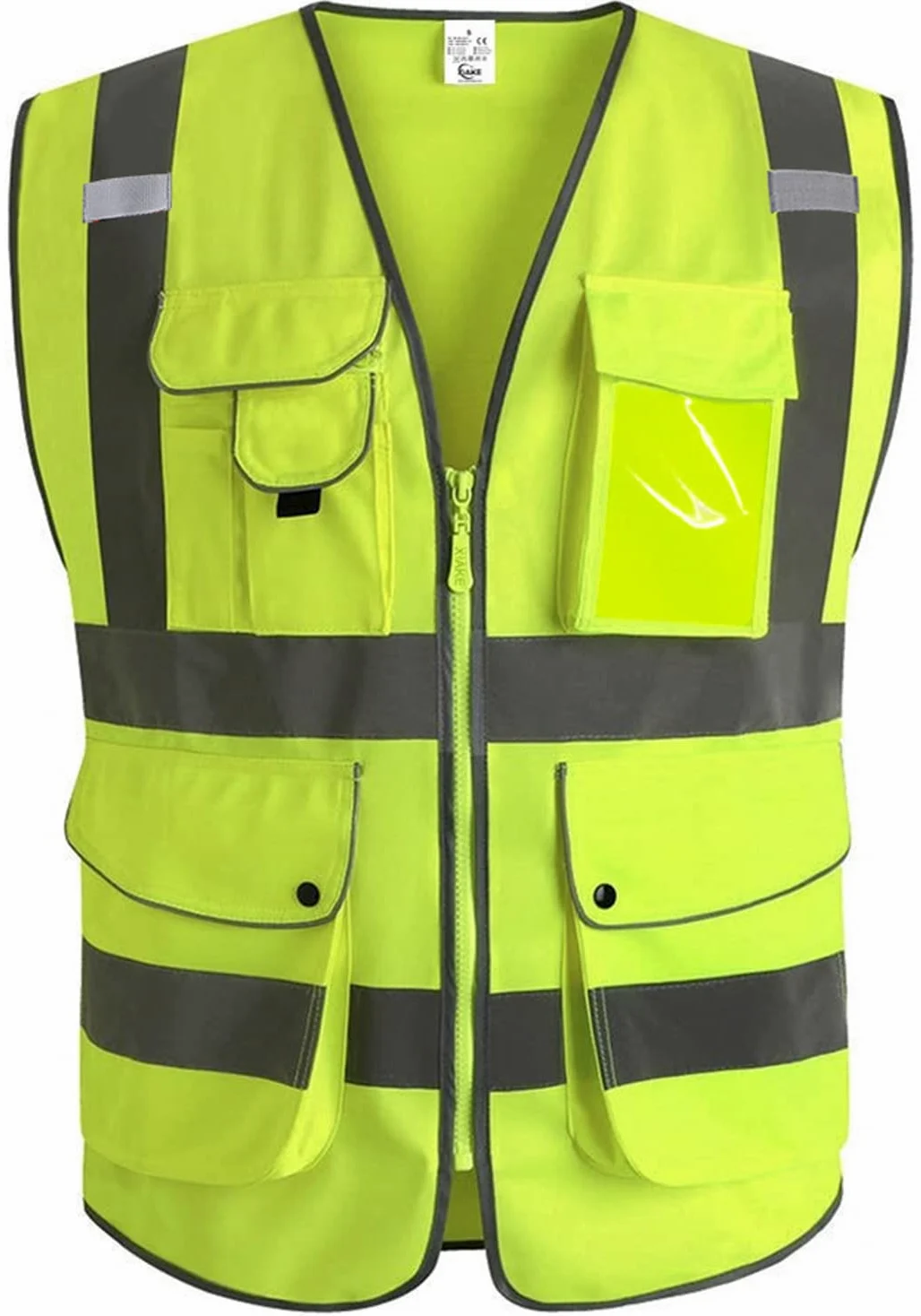XIAKE Kamizelka odblaskowa, unisex, 9 kieszeni, wysoka widoczność, normy EN ISO 20471, z zamkiem błyskawicznym
