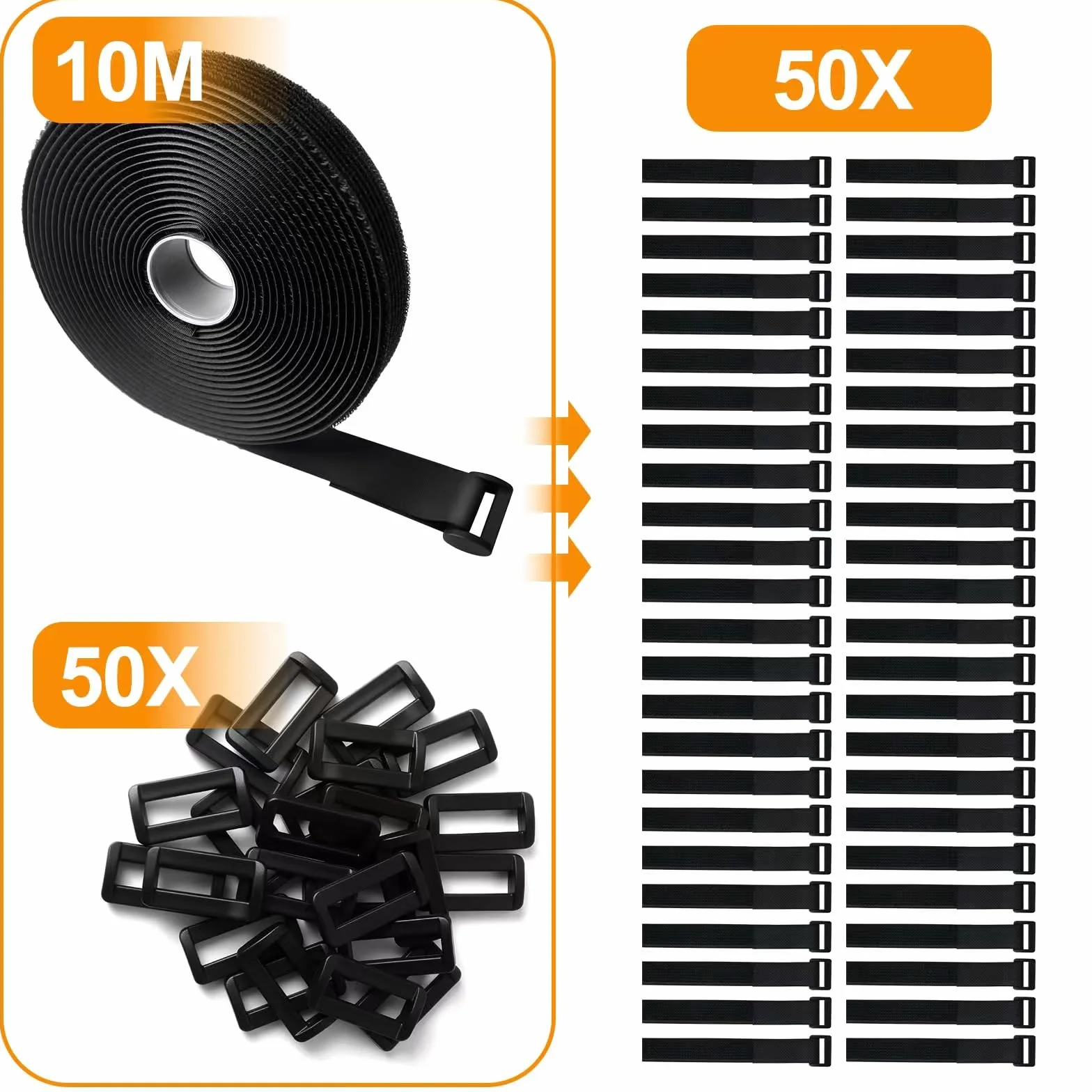 Opaska kablowa na rzep 10 m, 25 mm taśma na rzep z 50 metalowymi klamrami, regulowane paski mocujące do kabla, możliwość przycięcia, szerokość 2,5 cm (10 m x 25 mm)