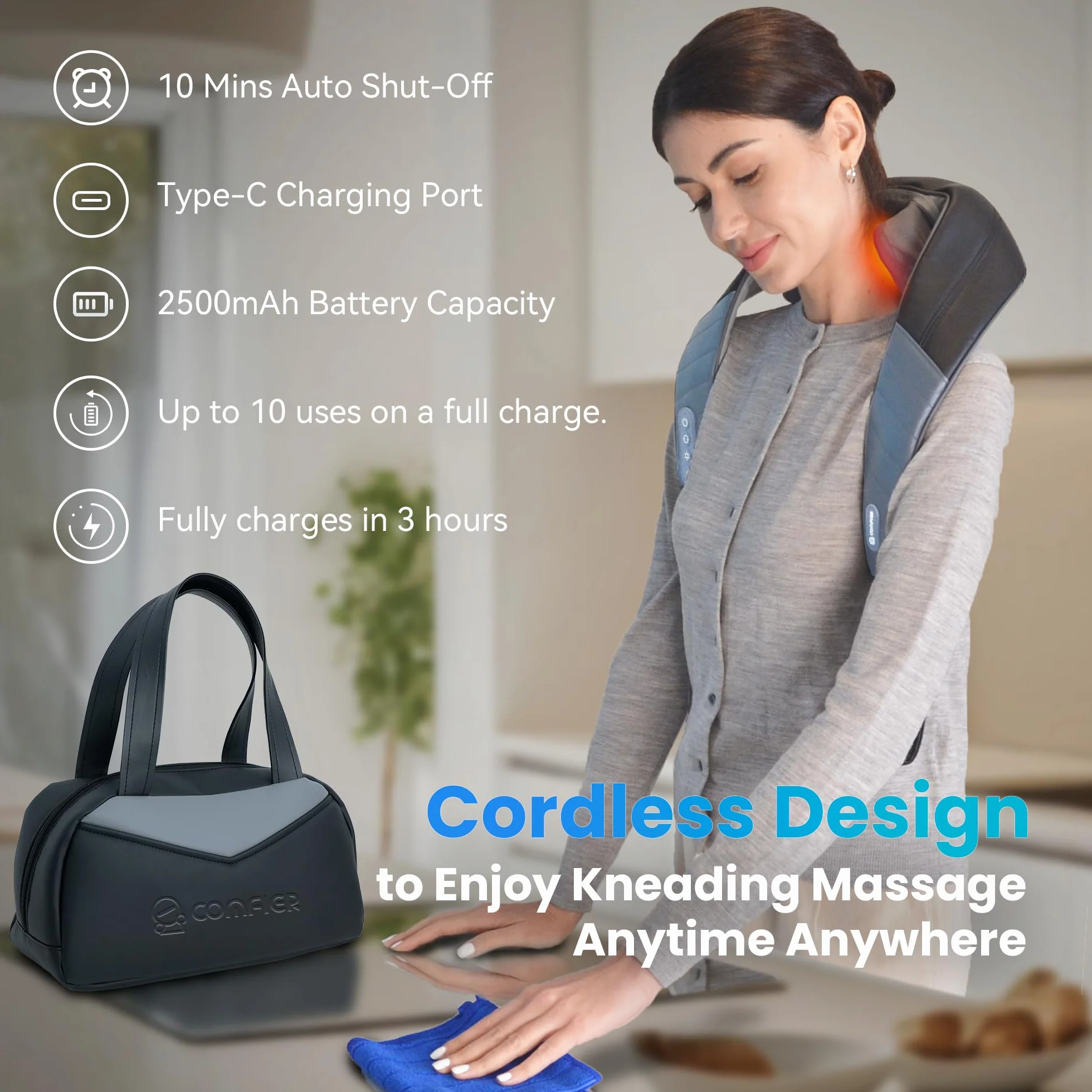COMFIER Shiatsu urządzenie do masażu karku z ciepłem, bezprzewodowe urządzenie do masażu głębokiego ugniatania 4D, łagodzące kark, ramiona i plecy, prezent dla mężczyzn i kobiet