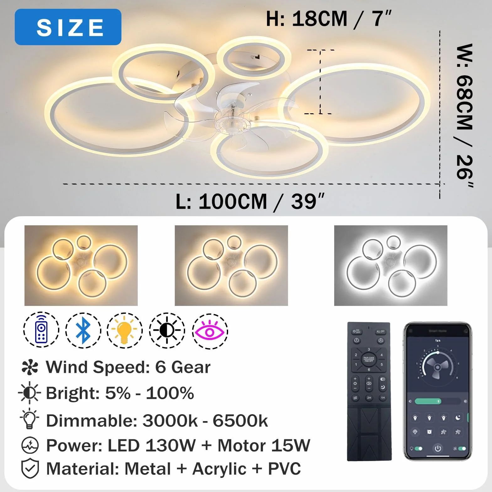 100CM Wentylator sufitowy z oświetleniem Nowoczesny Światła, LED 130W Ściemnialna z pilotem zdalnego sterowania, Cichy Lampa do Pokój dzienny Sypialnia Kuchnia, 6 prędkości (Czarny)