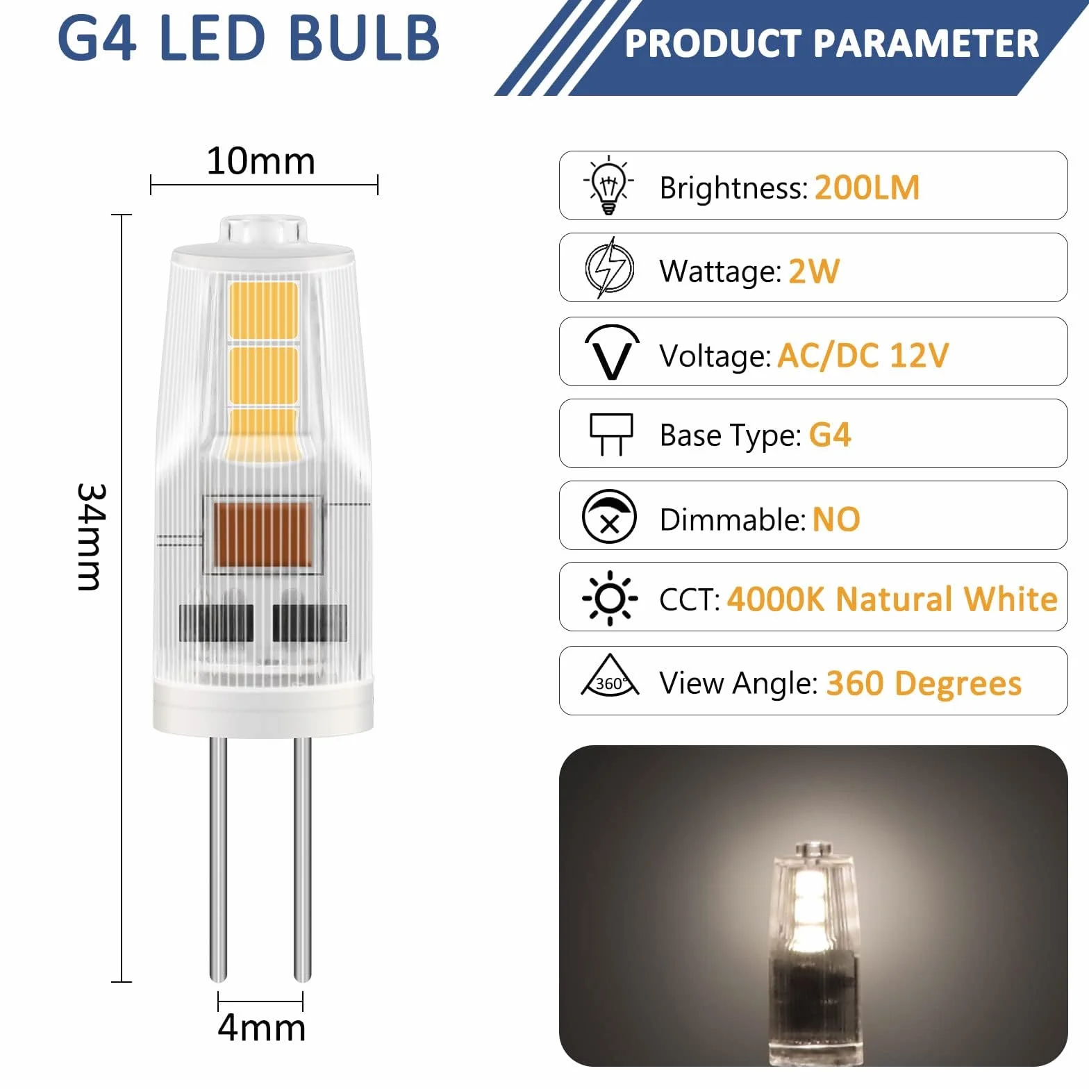 6 sztuk Żarówka LED G4 2 W AC/DC 12 V, odpowiednik 20 W Lampa halogenowa, naturalna biel 4000K, 200 lm, nie ściemniana, energooszczędna LED, do okapów, żyrandoli